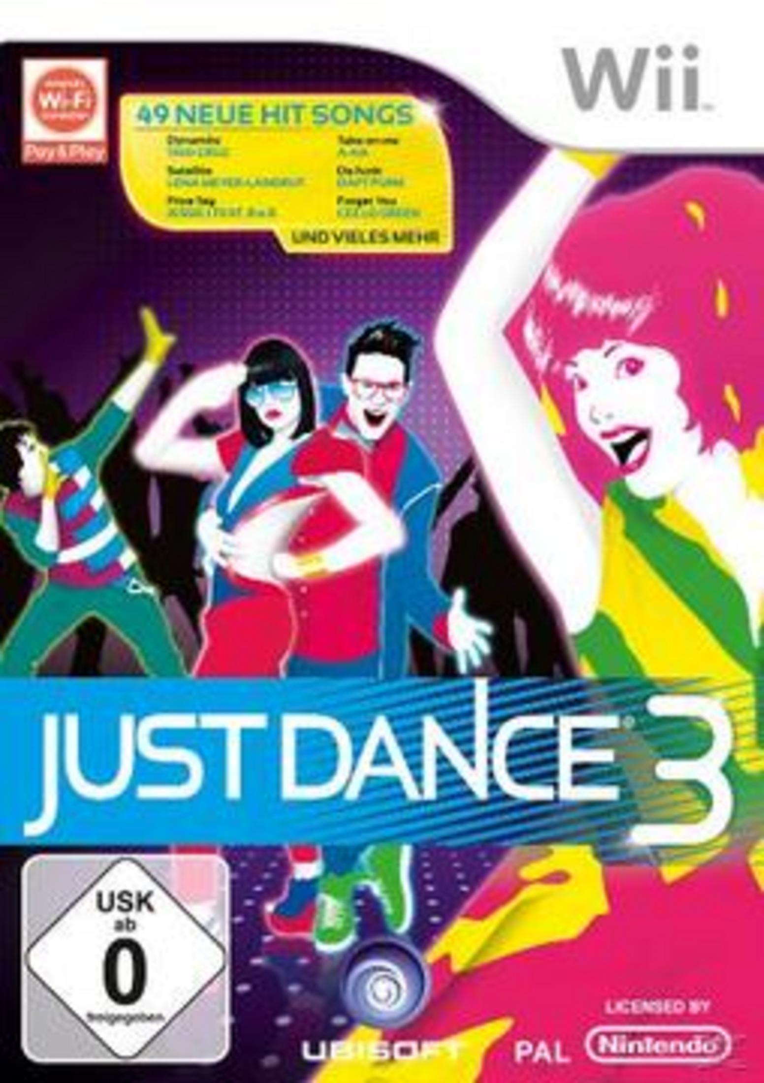 Cover des Wii-Spiels "Just Dance 3" mit Tänzern in farbenfrohen Outfits, die eine lustige, energiegeladene Partystimmung zeigen.