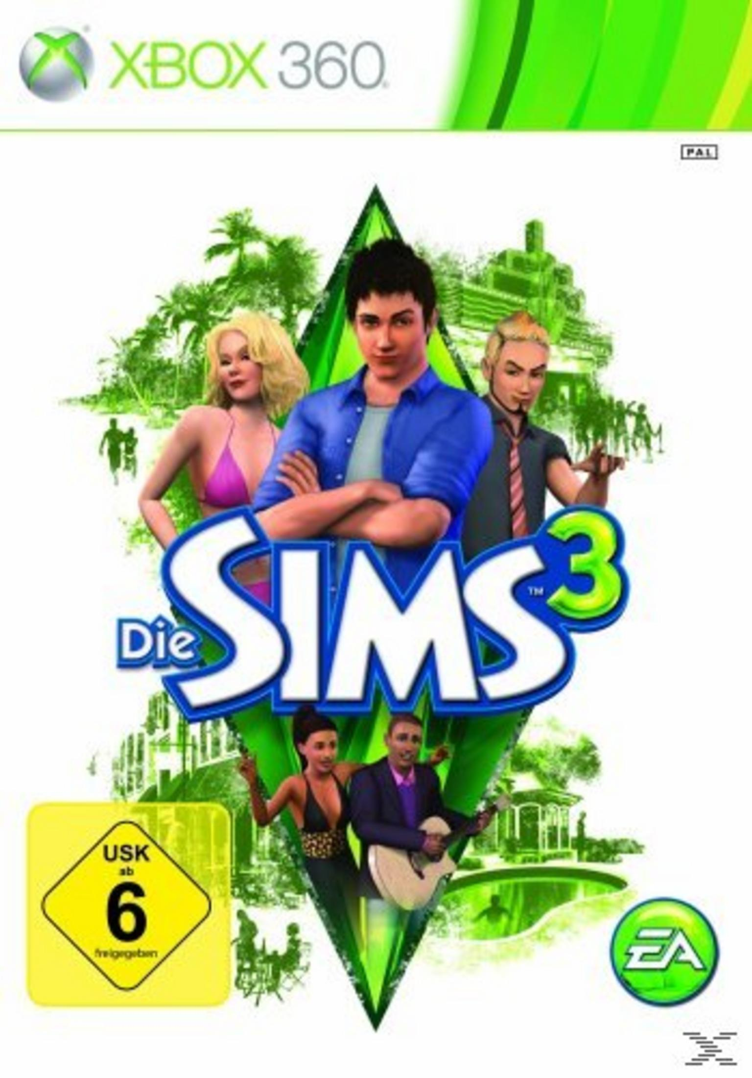 "Die Sims 3"-Spielcover mit Charakteren in einer tropischen Umgebung mit Palmen und einem Strand.