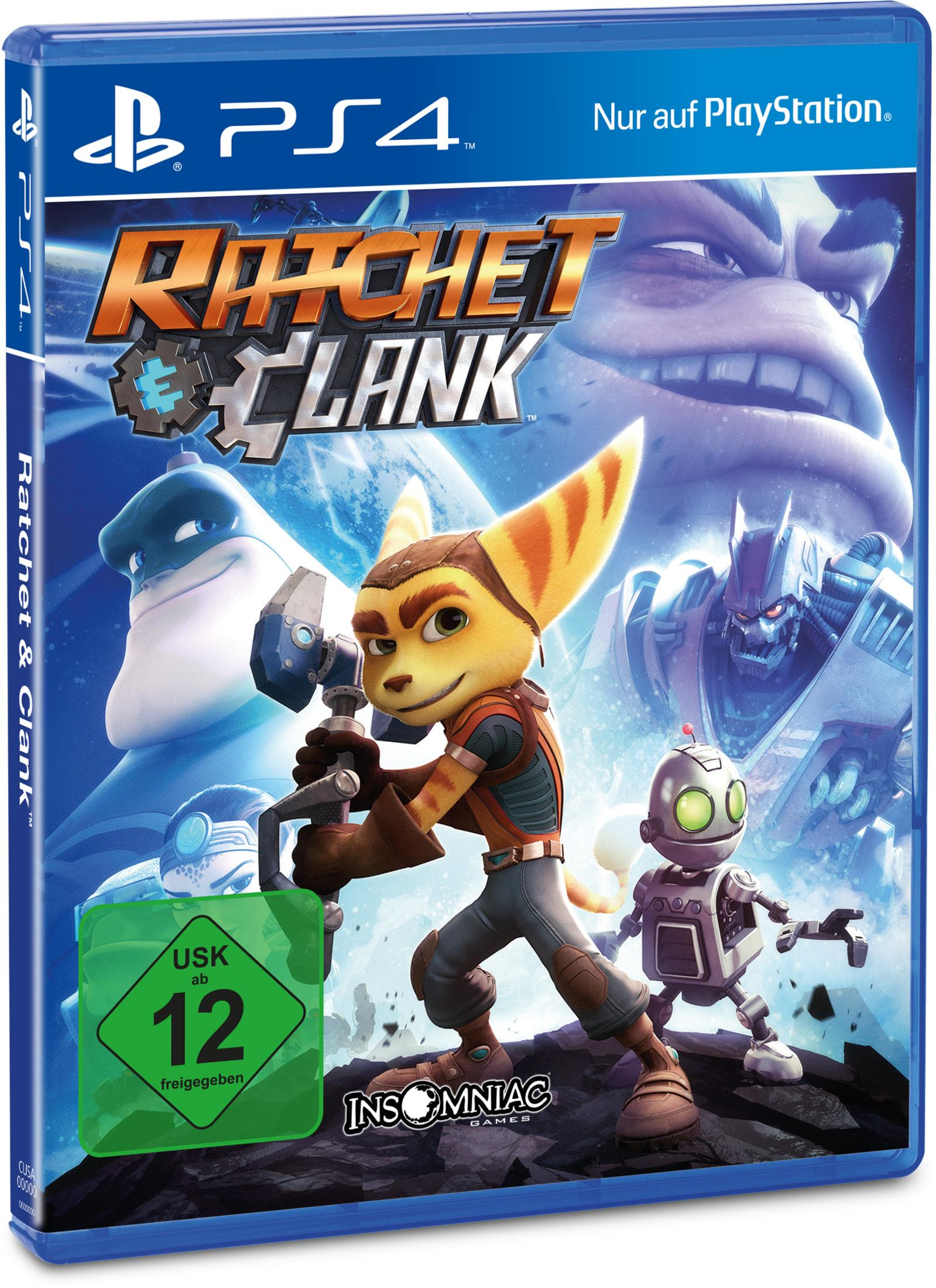 Ratchet & Clank-Spielcover, das Ratchet mit einem Schraubenschlüssel zeigt, mit Clank und anderen Charakteren im Hintergrund.