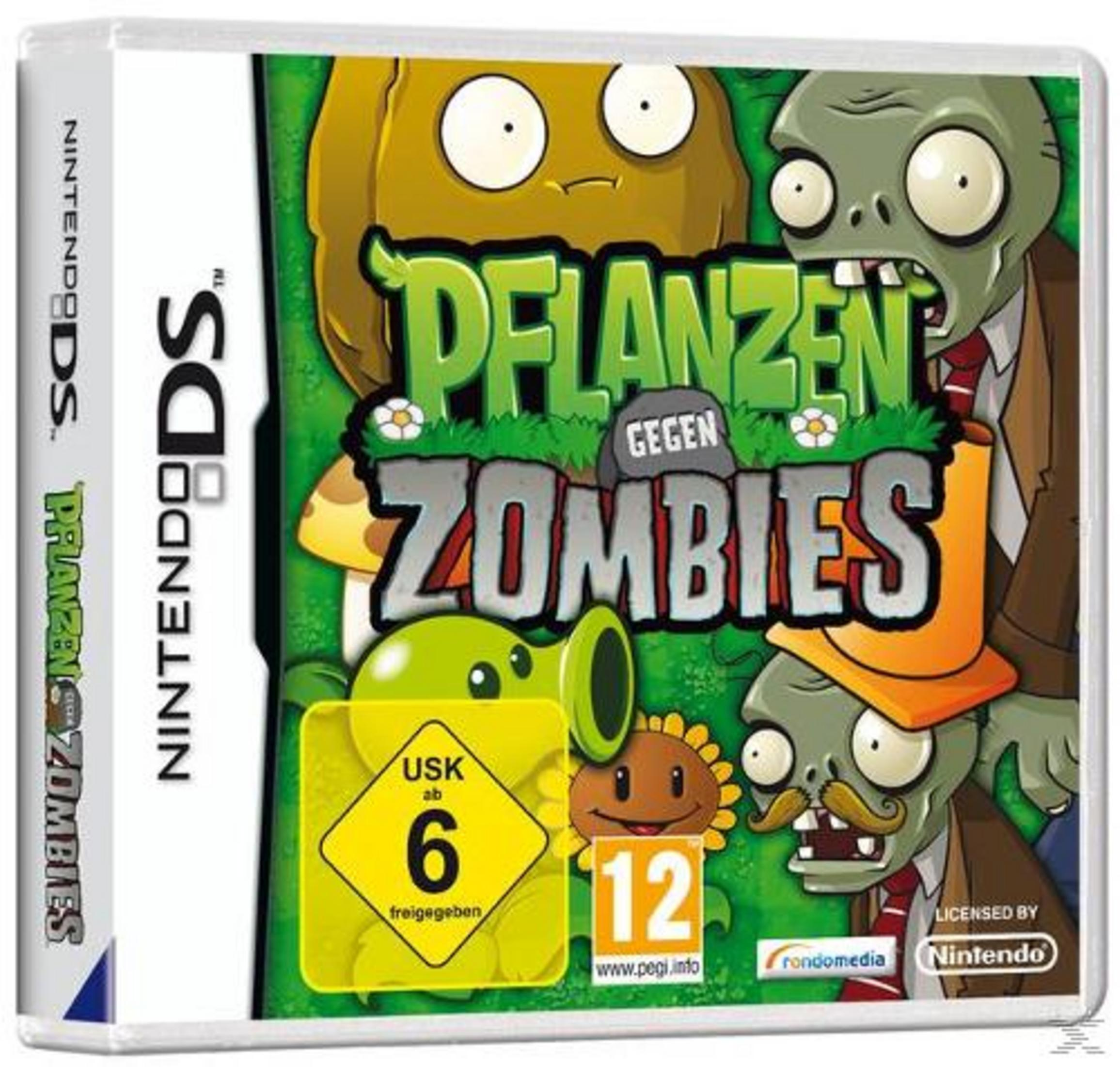 "Plants vs. Zombies"-Spielcover mit Cartoon-Pflanzen und Zombies auf grünem Hintergrund.