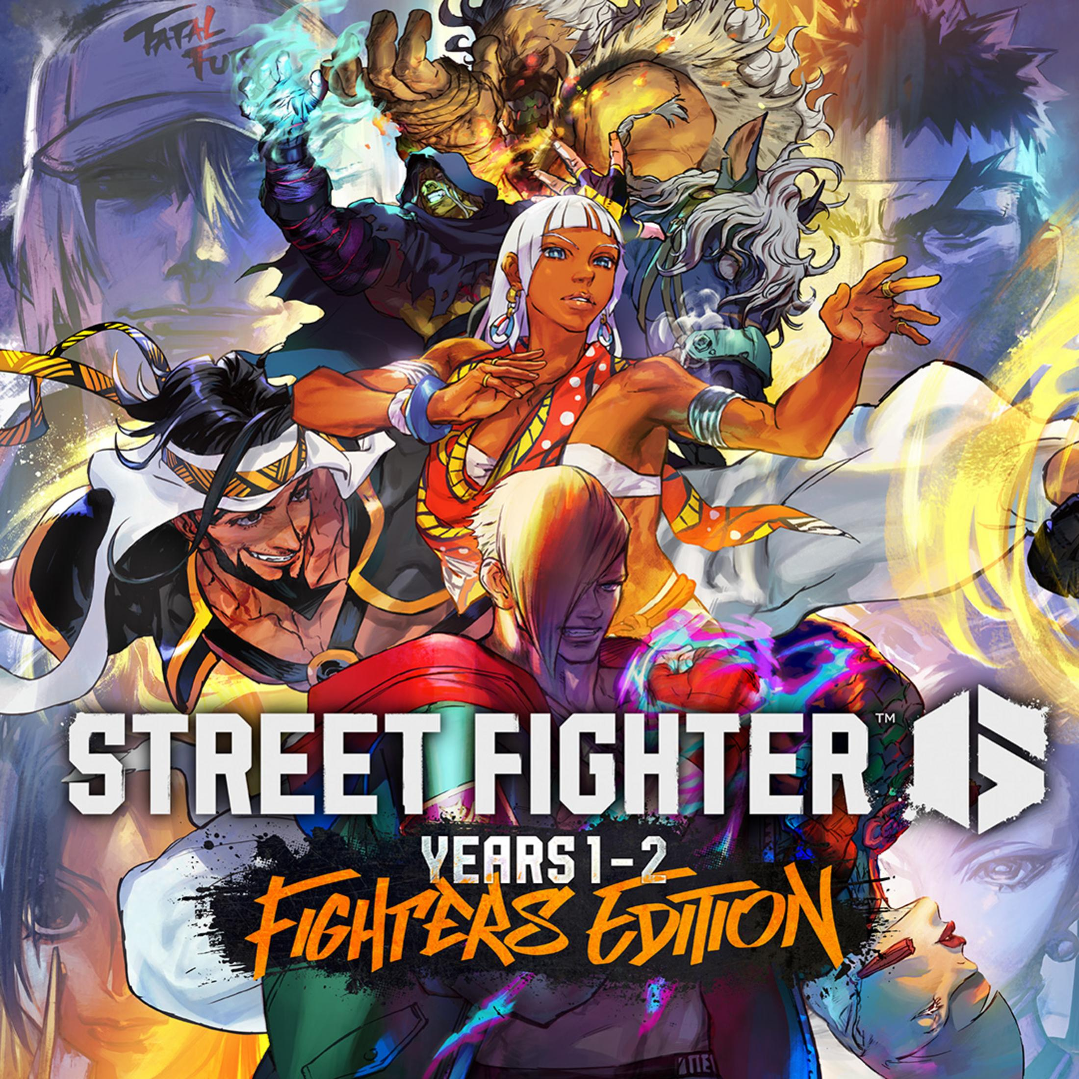 Okładka gry Street Fighter Years 1-2 Fighters Edition przedstawiająca różne postacie w dynamicznej pozie.