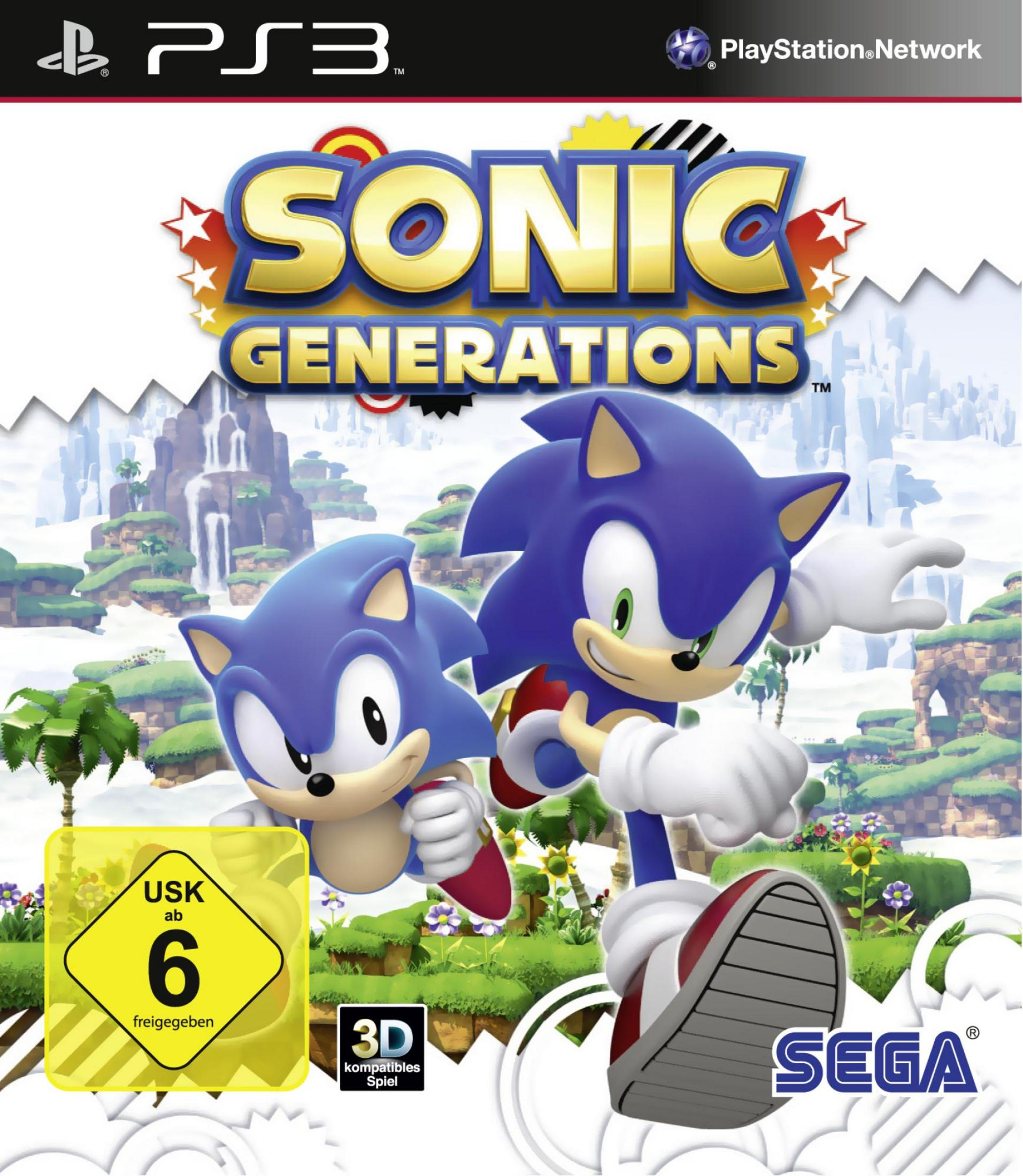 Sonic Generations PS3-Spielcover mit Sonic the Hedgehog-Charakteren in einem hellen, farbenfrohen Design.