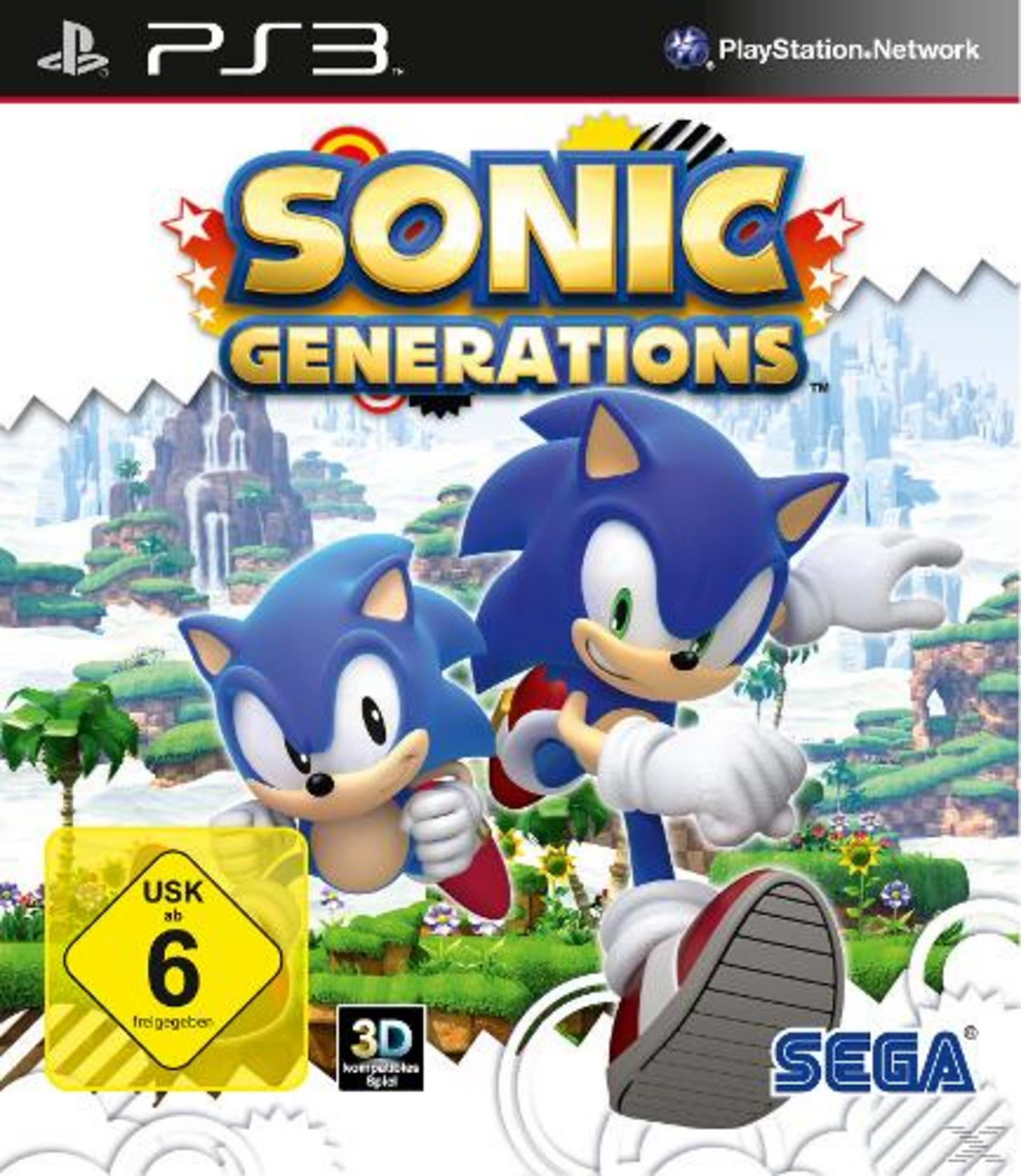 Sonic Generations PS3-Spielcover mit Sonic the Hedgehog-Charakteren in einem hellen, farbenfrohen Design.