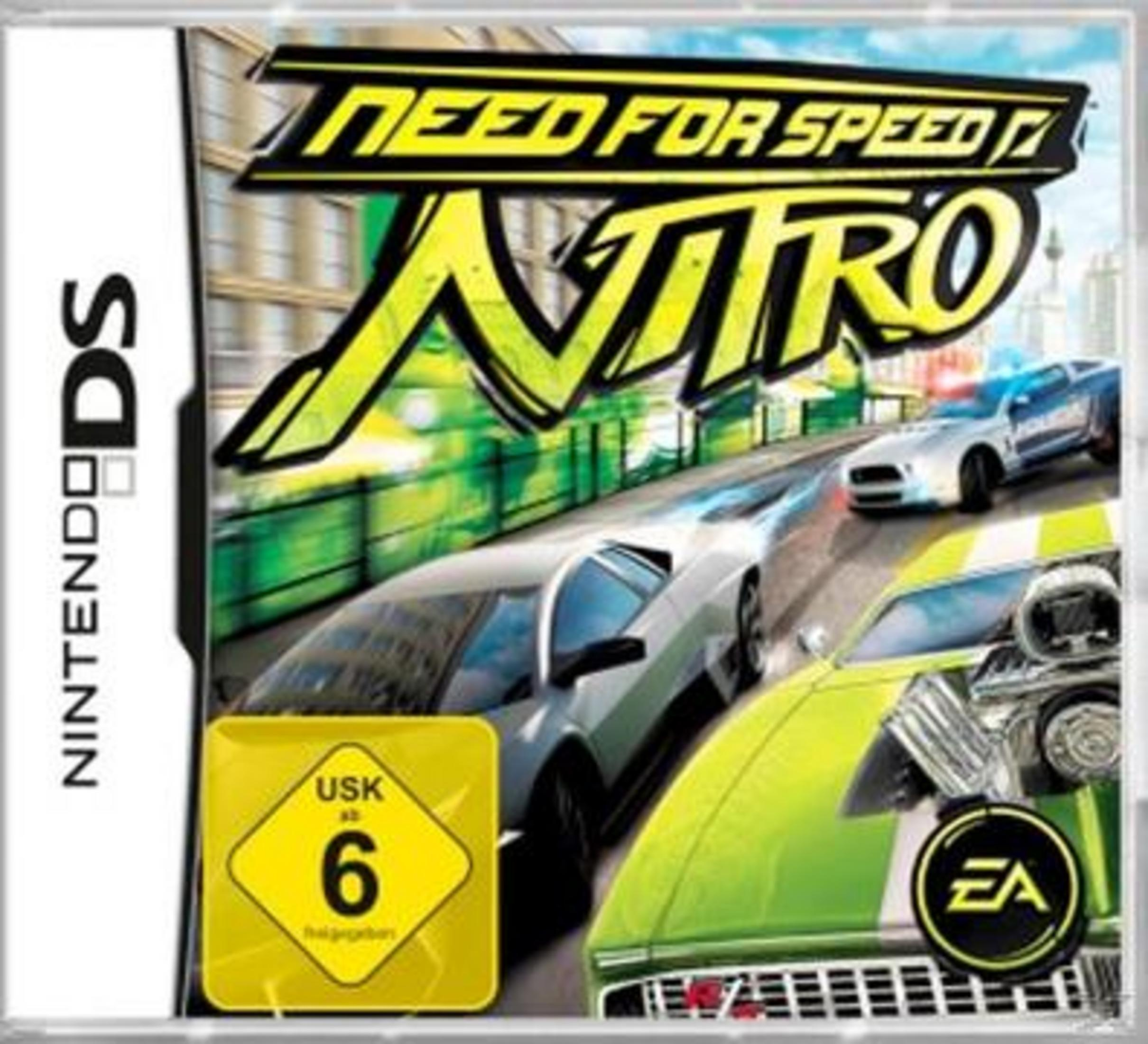 Need for Speed Nitro Spielcover für Nintendo DS, mit rasenden Autos und dynamischen Grafiken.