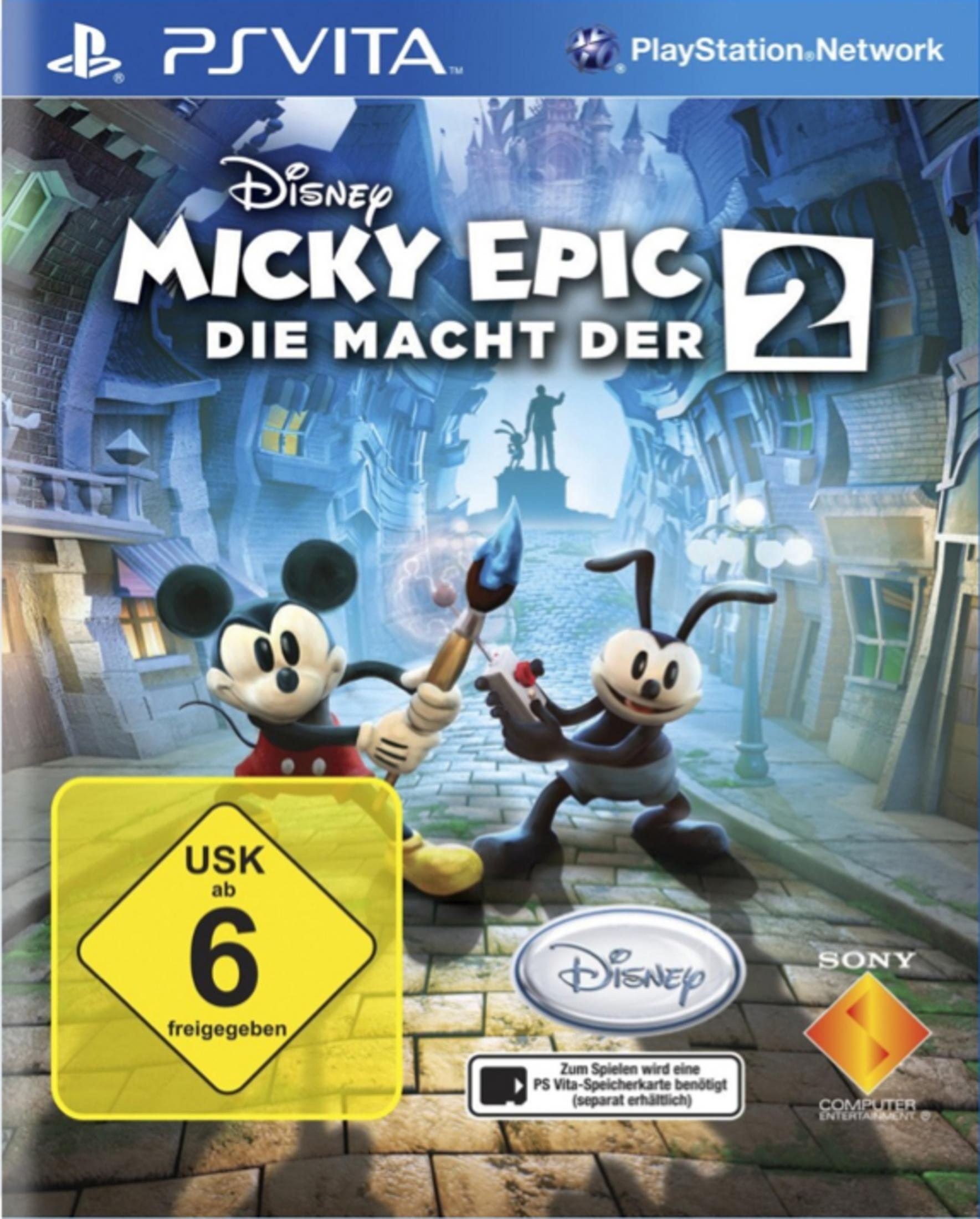 Das Cover des Spiels Mickey Epic 2 zeigt Mickey und Oswald in einer Cartoon-Stadt mit Farbe und einem Clicker.