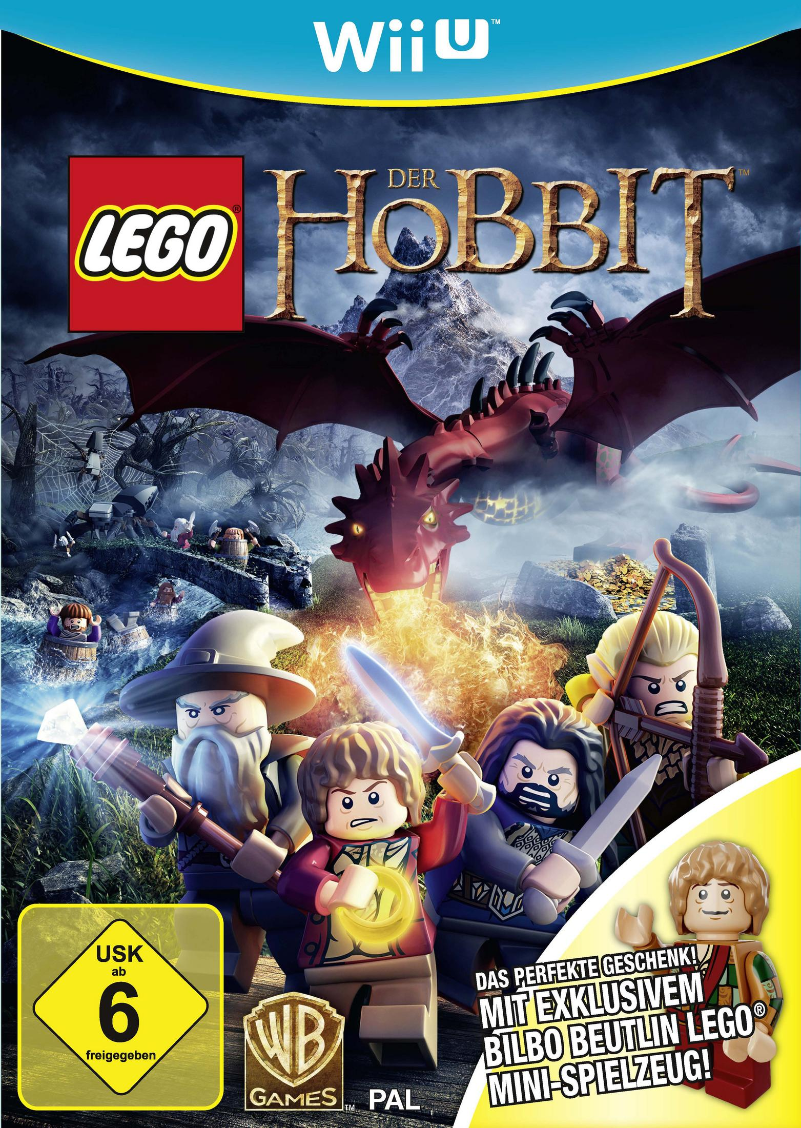 Das Cover des LEGO Hobbit-Spiels zeigt LEGO-Figuren, die in einer Fantasielandschaft einem roten Drachen gegenüberstehen.