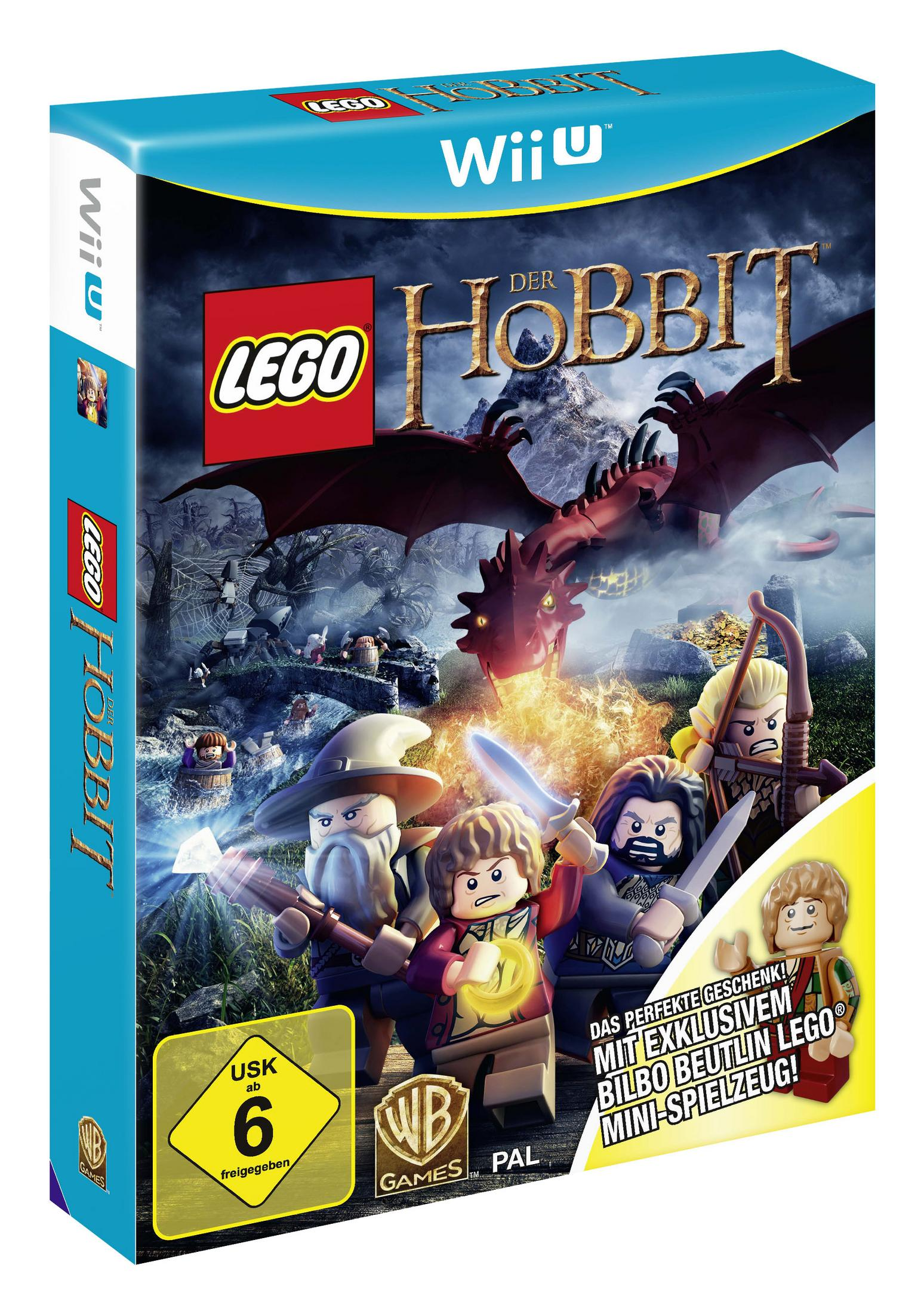 Die LEGO Hobbit-Spielbox zeigt LEGO-Figuren, die in einer Fantasielandschaft einem roten Drachen gegenüberstehen.