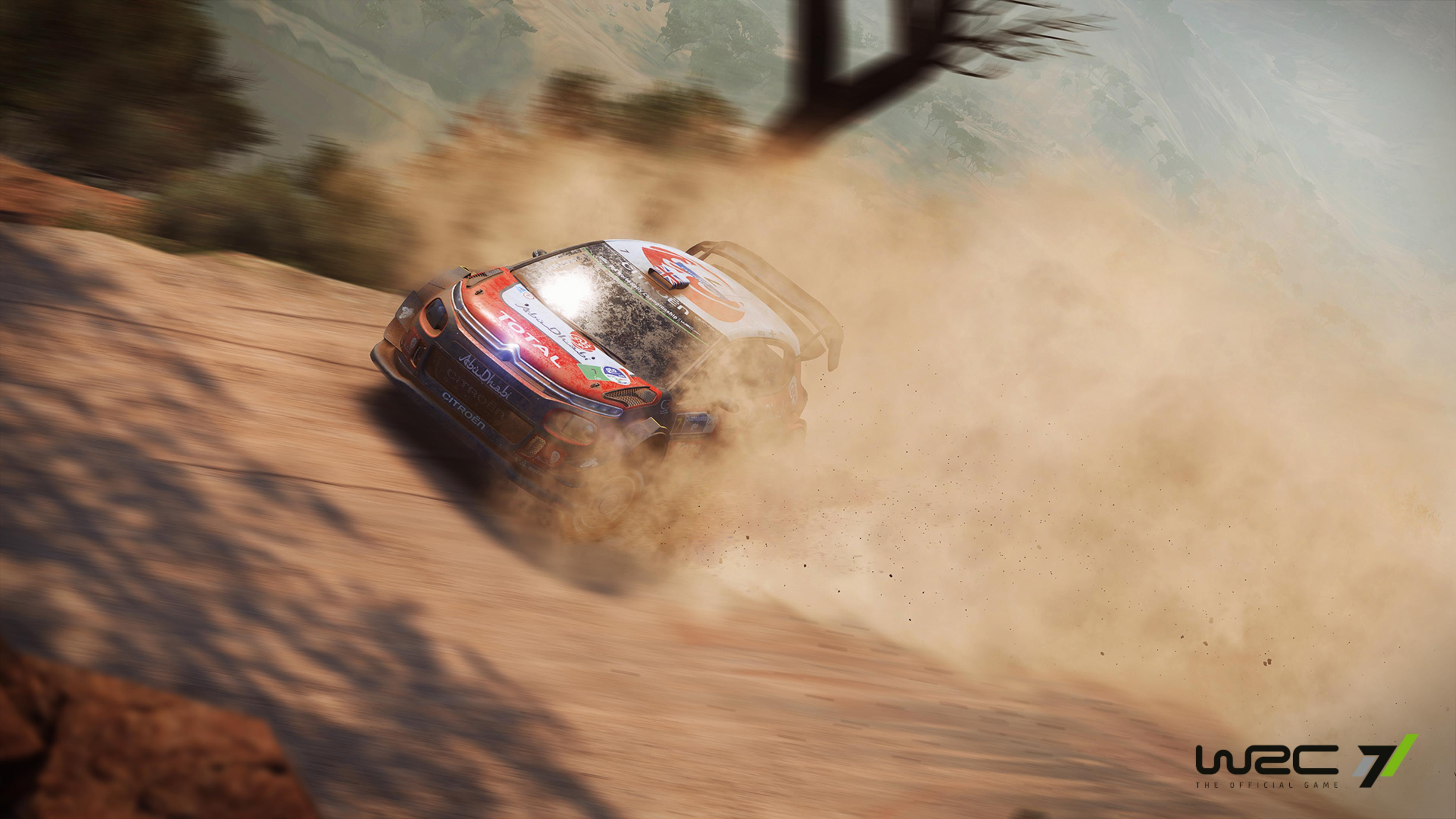 Ein Rennwagen wirbelt Staub auf einer Bergseite auf. 'WRC 7'-Logo ist zu sehen.