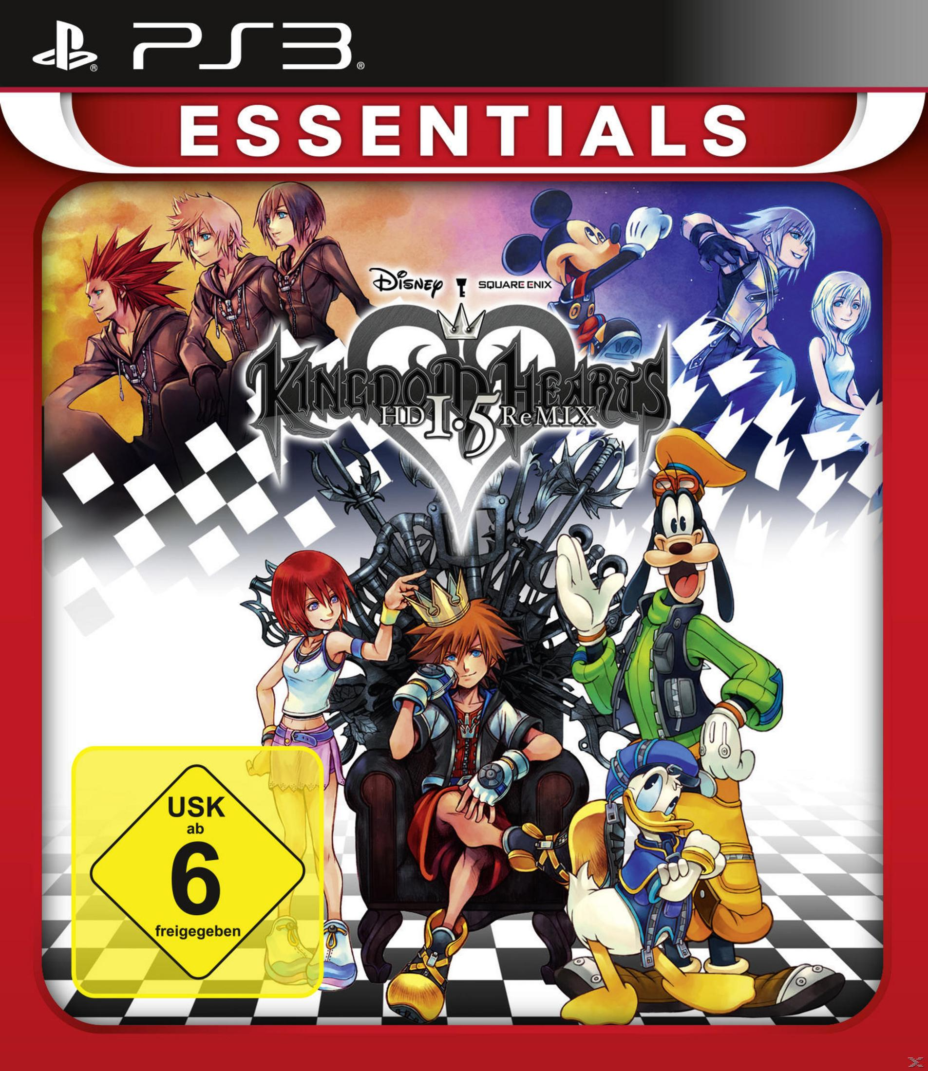 Das Cover des Spiels Kingdom Hearts HD 1.5 ReMIX Essentials zeigt Comicfiguren mit einem roten Essentials-Banner.
