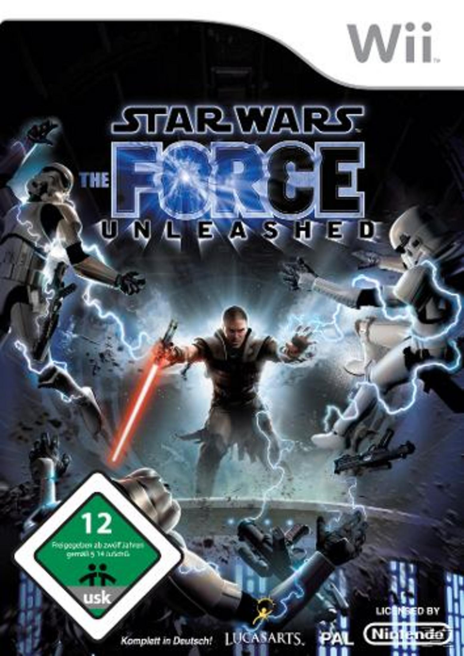Das Cover von Star Wars: The Force Unleashed für Wii zeigt eine zentrale Figur, die von Sturmtruppen umgeben ist.
