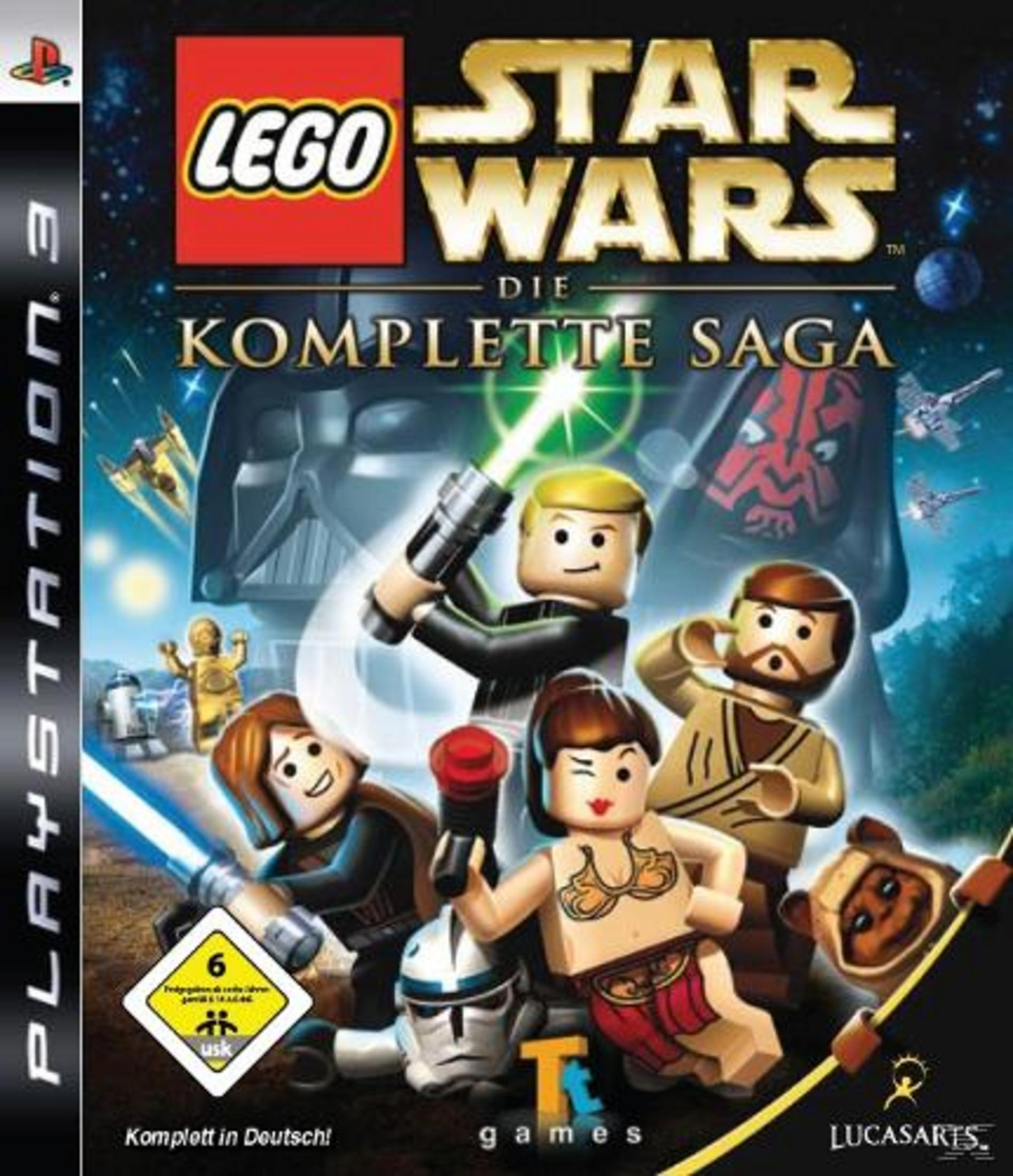 Das LEGO Star Wars Spielcover zeigt LEGO Figuren mit Lichtschwertern und Darth Vader im Hintergrund.