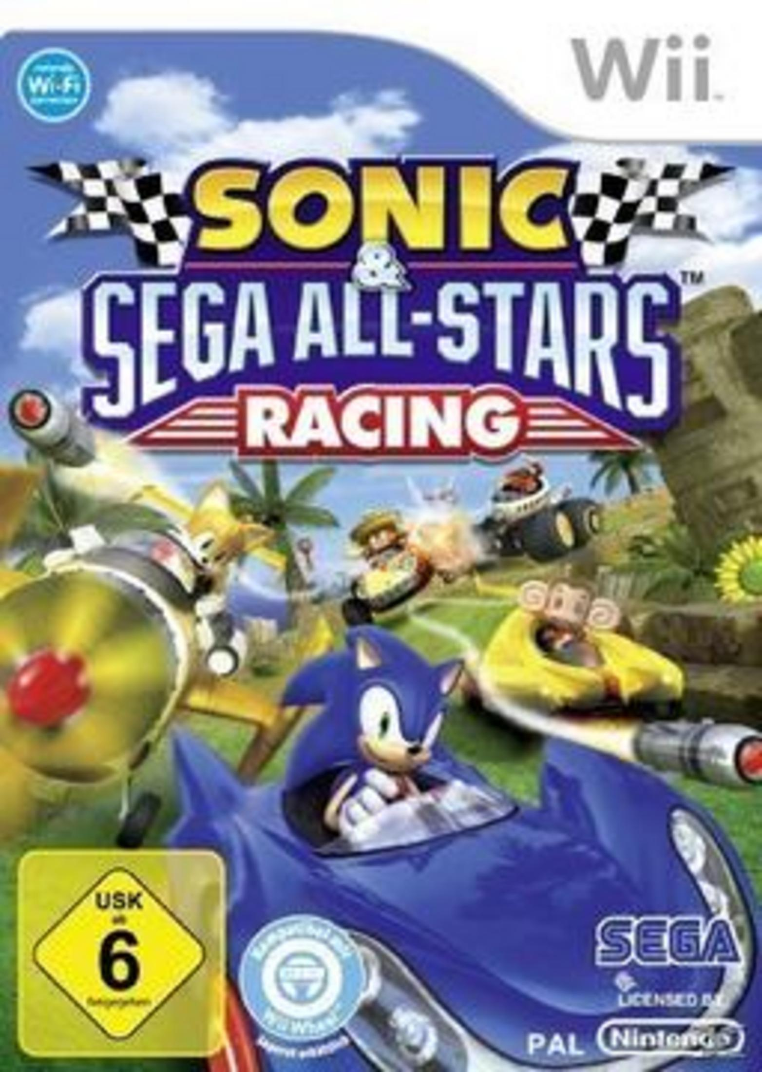 Das Cover des Videospiels Sonic & Sega All-Stars Racing zeigt Sonic in einem blauen Rennwagen.