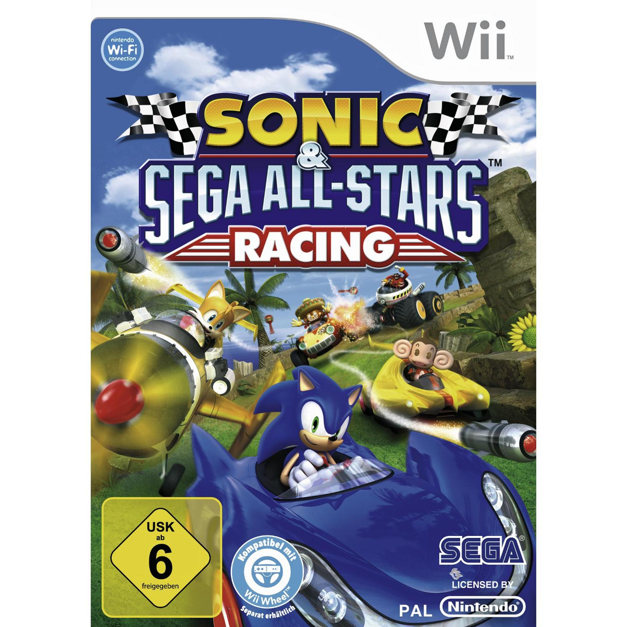 Das Cover des Videospiels Sonic & Sega All-Stars Racing zeigt Sonic in einem blauen Rennwagen.