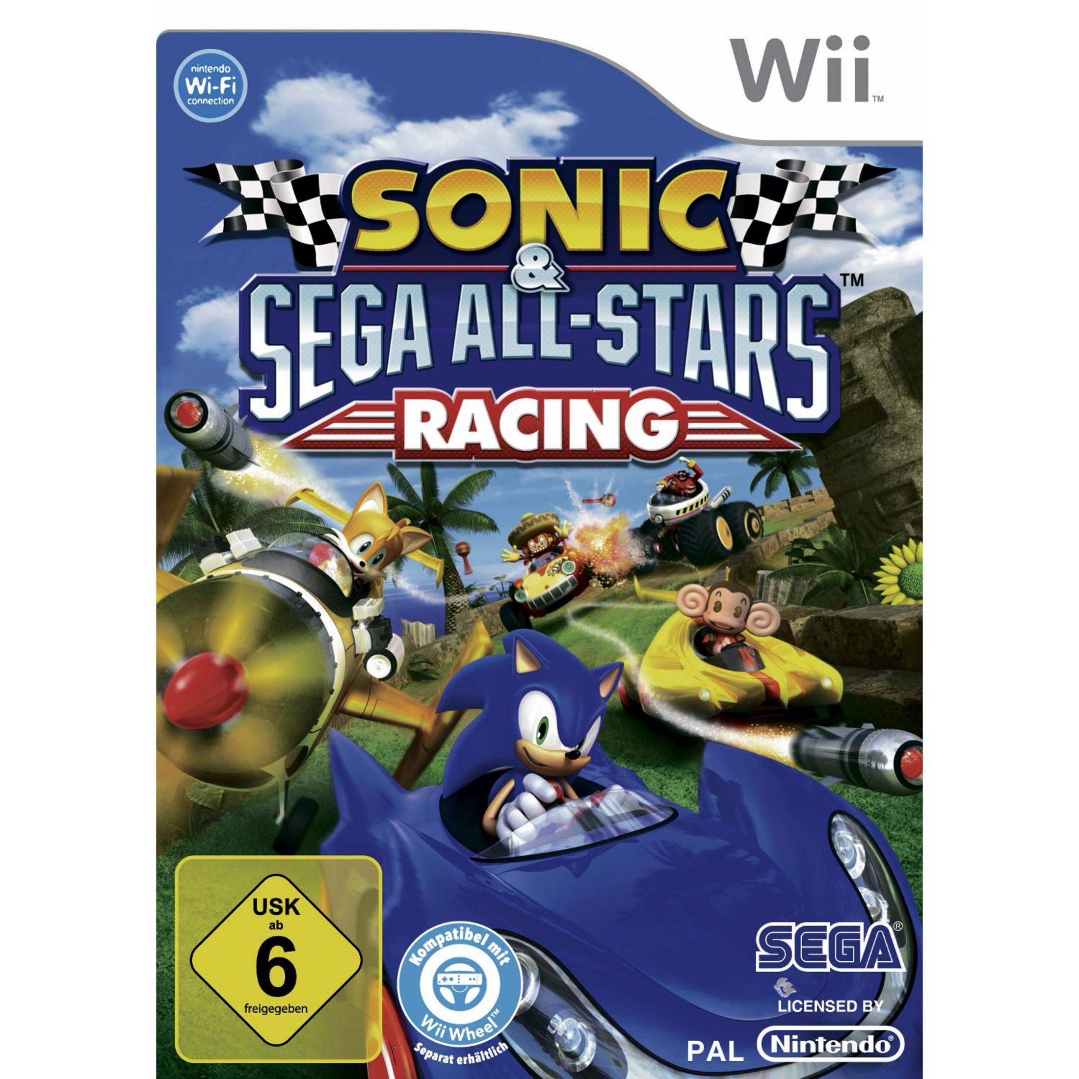 Das Cover des Videospiels Sonic & Sega All-Stars Racing zeigt Sonic in einem blauen Rennwagen.