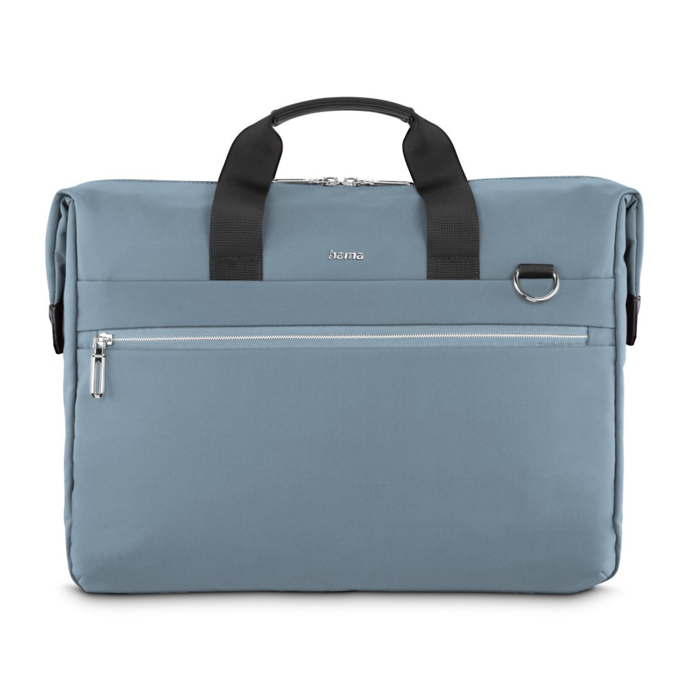 Niebieska torba na laptopa Hama z czarnymi paskami i srebrnymi zamkami błyskawicznymi, na białym tle.