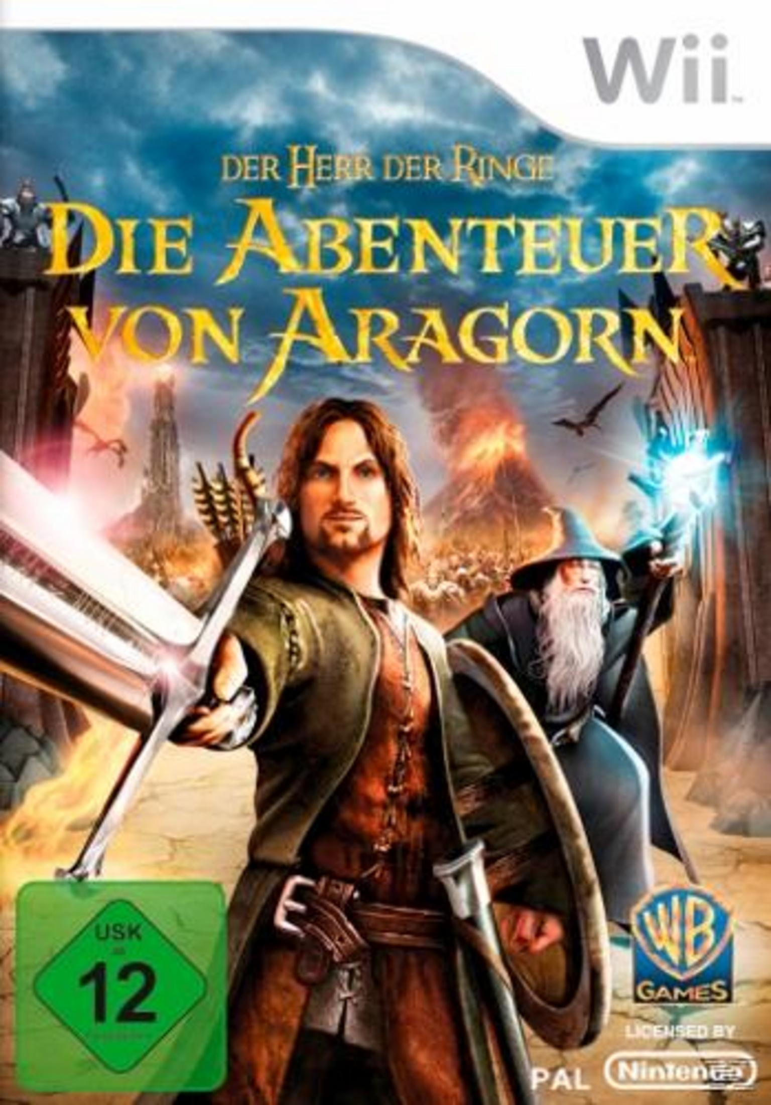 Das Herr der Ringe: Aragorns Quest Videospielcover für Wii, mit Aragorn und Gandalf.