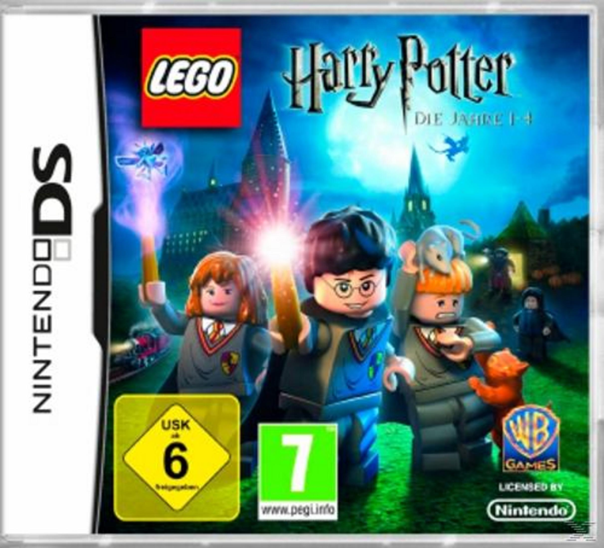 Lego Harry Potter Spielcover mit Lego-Figuren von Harry, Ron und Hermine vor Hogwarts.