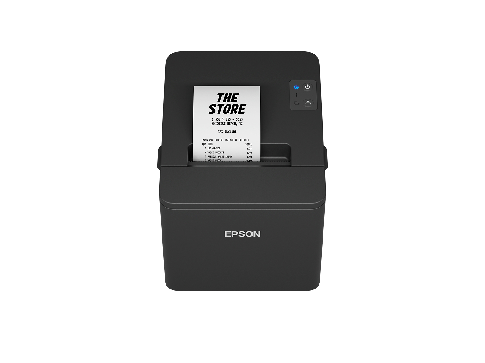 L'immagine mostra una stampante per ricevute Epson nera con una ricevuta stampata che mostra "THE STORE" e i costi dettagliati.