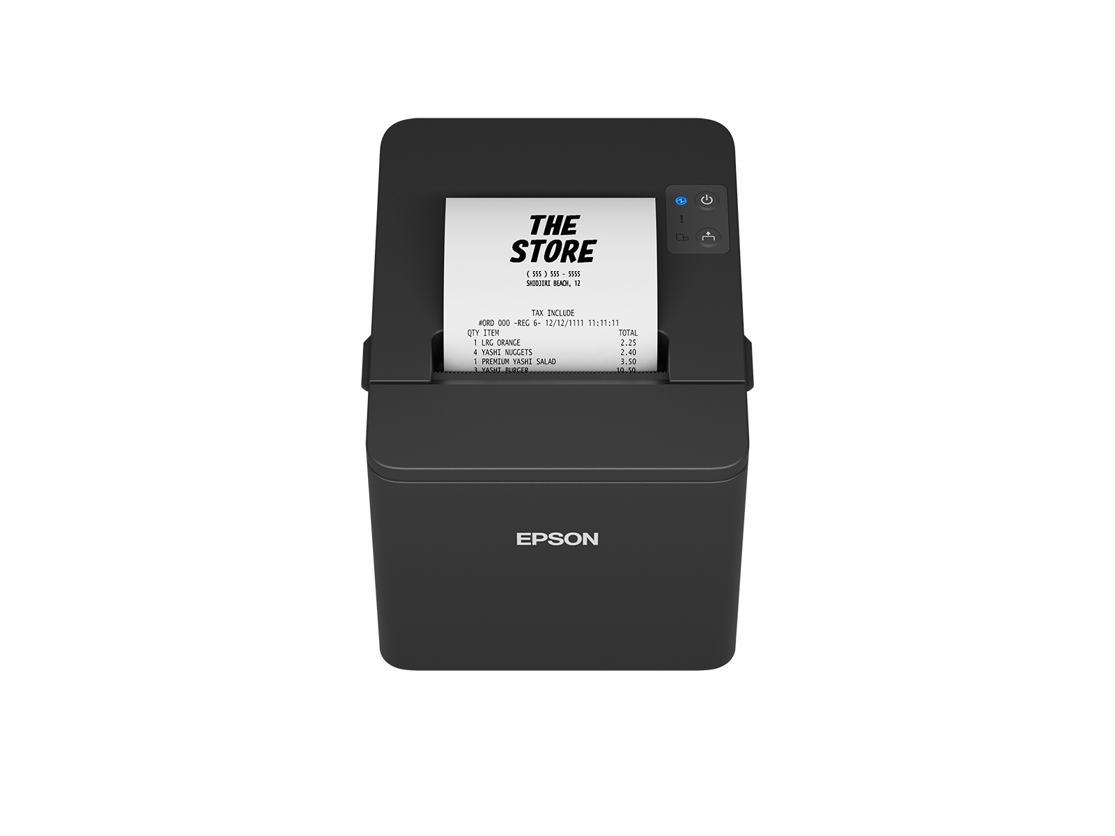 L'immagine mostra una stampante per ricevute Epson nera con una ricevuta stampata che mostra "THE STORE" e i costi dettagliati.