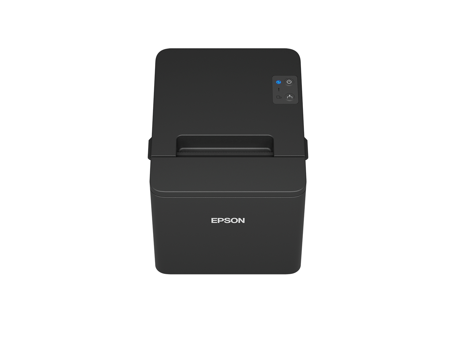 L'immagine mostra una stampante per ricevute Epson nera con uno slot per ricevute vuoto, su uno sfondo bianco.