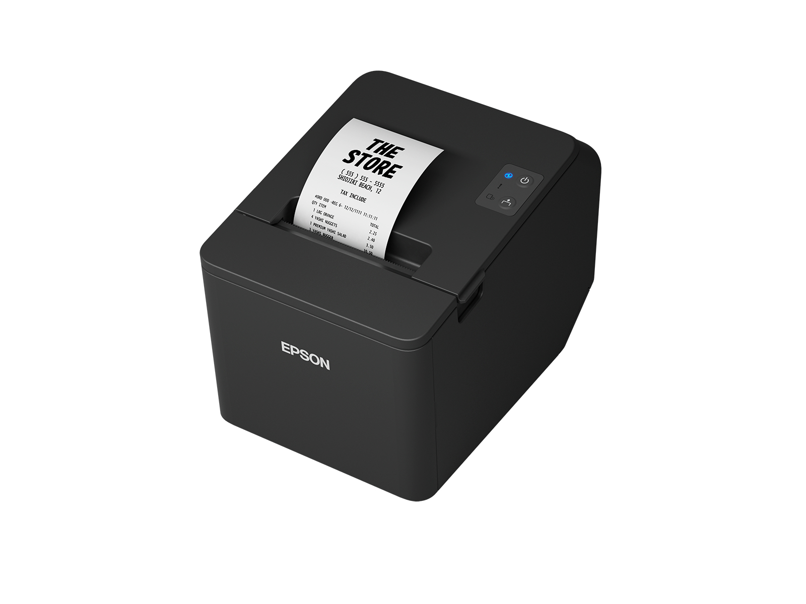 L'immagine mostra una stampante per ricevute Epson nera con una ricevuta stampata che mostra "THE STORE" e i costi dettagliati.