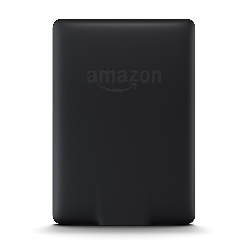 Rückansicht eines schwarzen Kindle E-Readers mit dem Amazon-Logo. Schlichtes, elegantes Design.