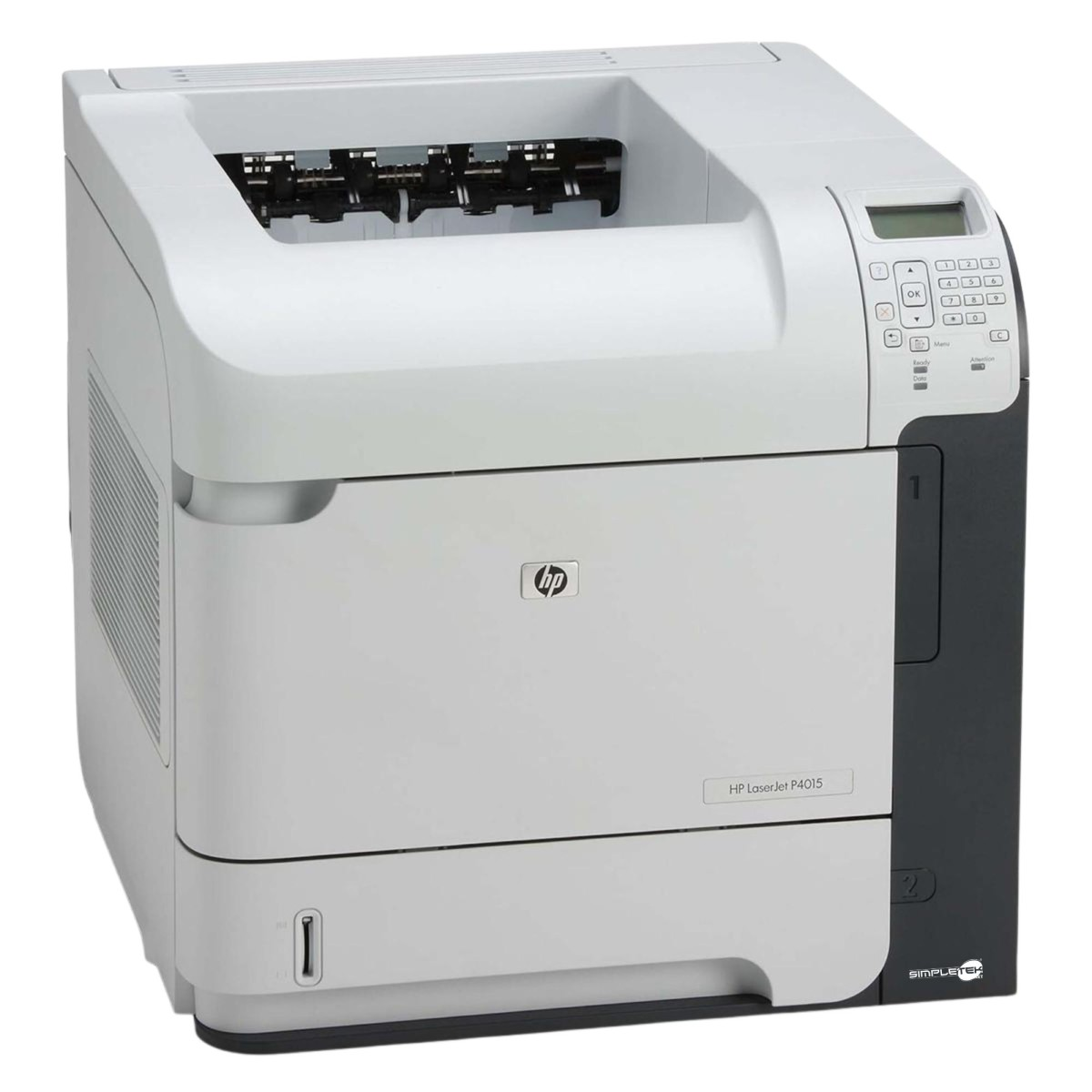 Una stampante HP Laserjet P4015 bianca e nera su uno sfondo bianco, che mostra la parte anteriore e laterale.