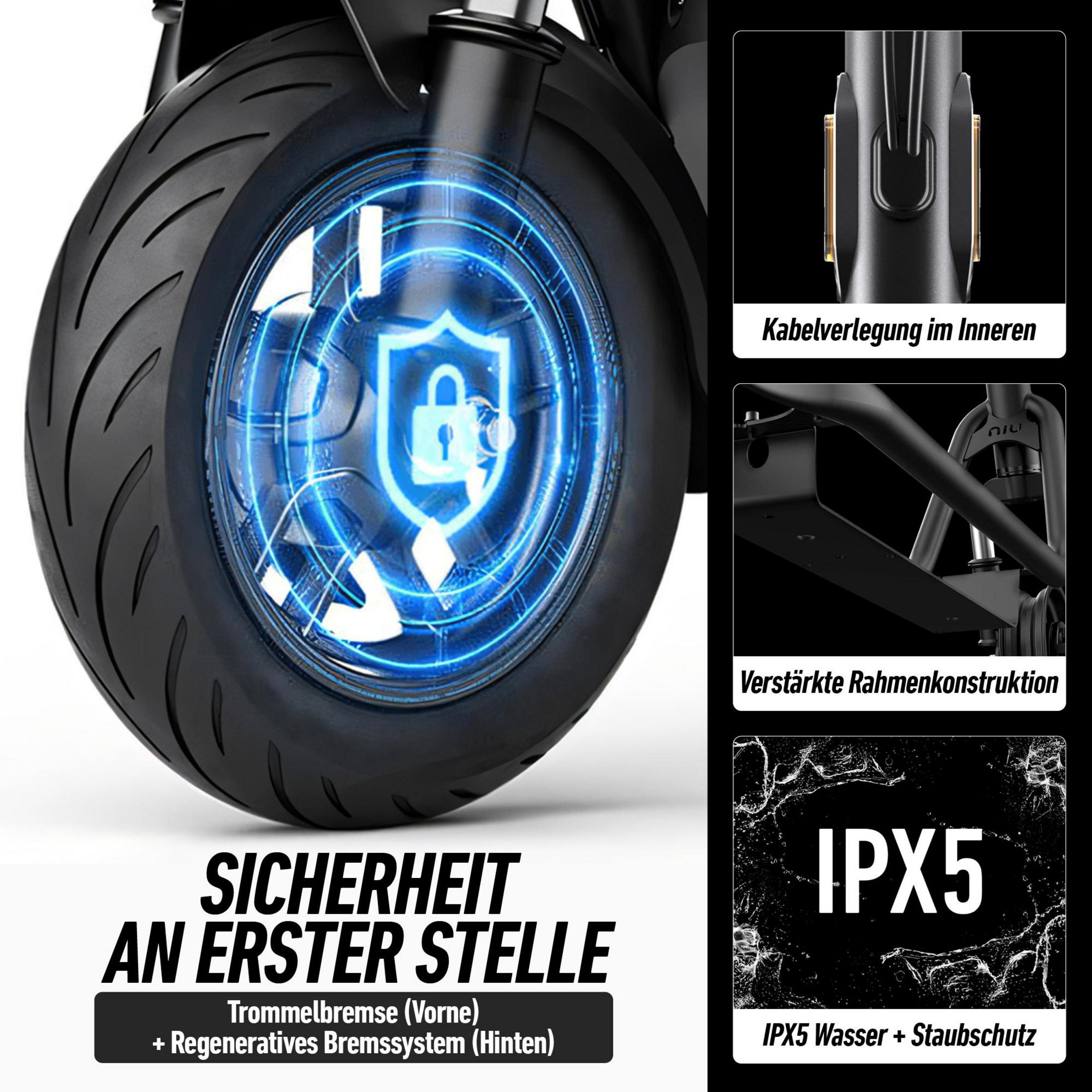 Gros plan de la roue avant d'un scooter électrique montrant le frein et les dispositifs de sécurité.