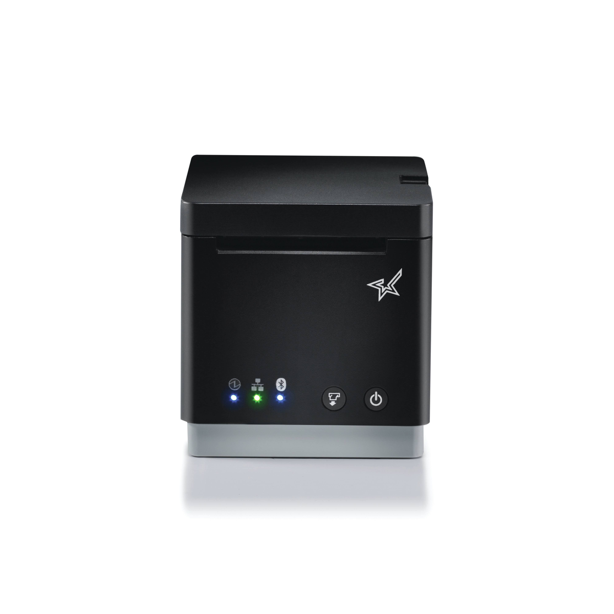 Una impresora negra con base gris que muestra iconos de encendido y Bluetooth, con las luces encendidas.