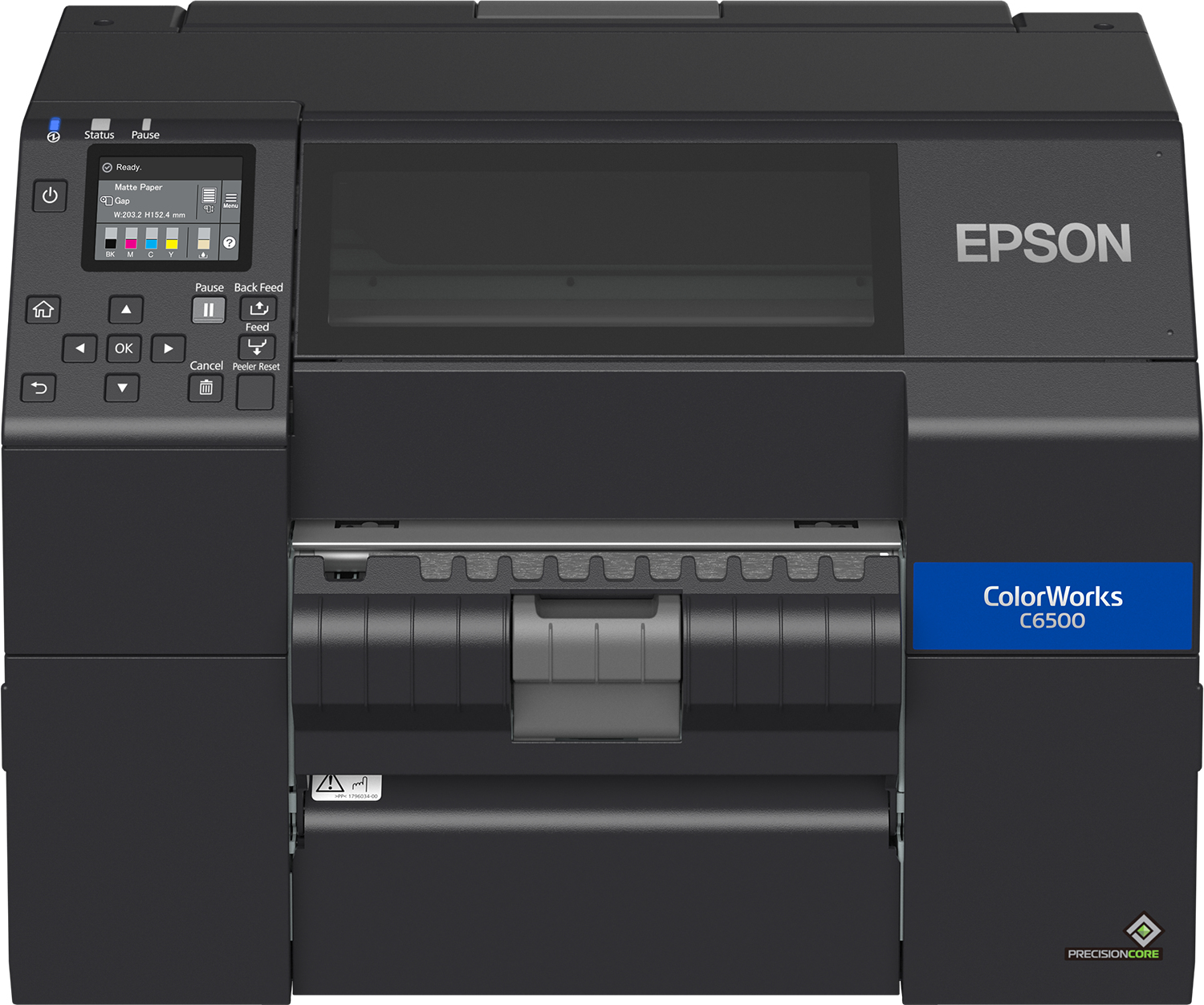 Ein Epson ColorWorks-Drucker. Er ist schwarz. Er hat einen Bildschirm. Der Drucker steht auf weißem Grund.