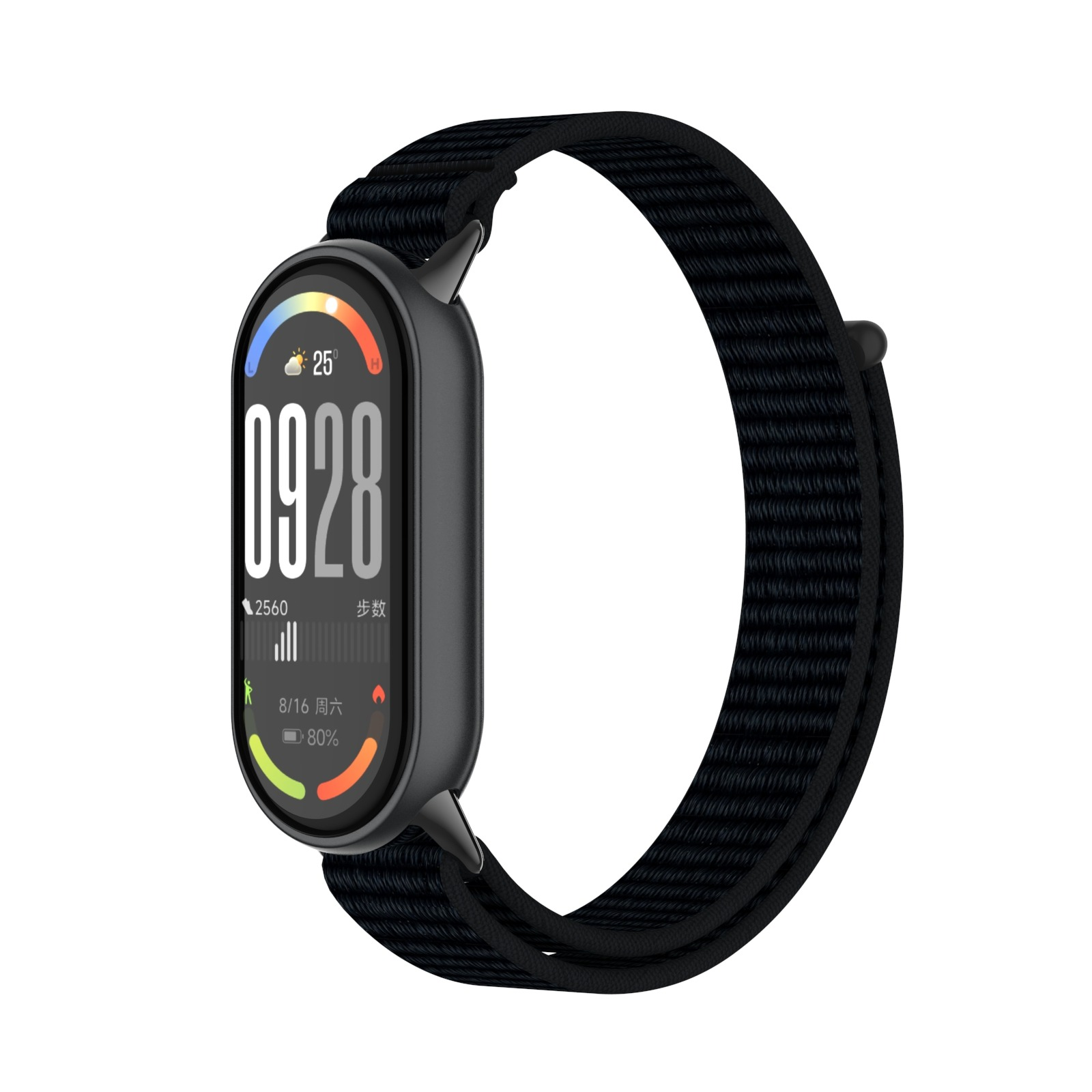 Smartwatch mit Anzeige von Zeit und Statistiken, schwarzes Armband.