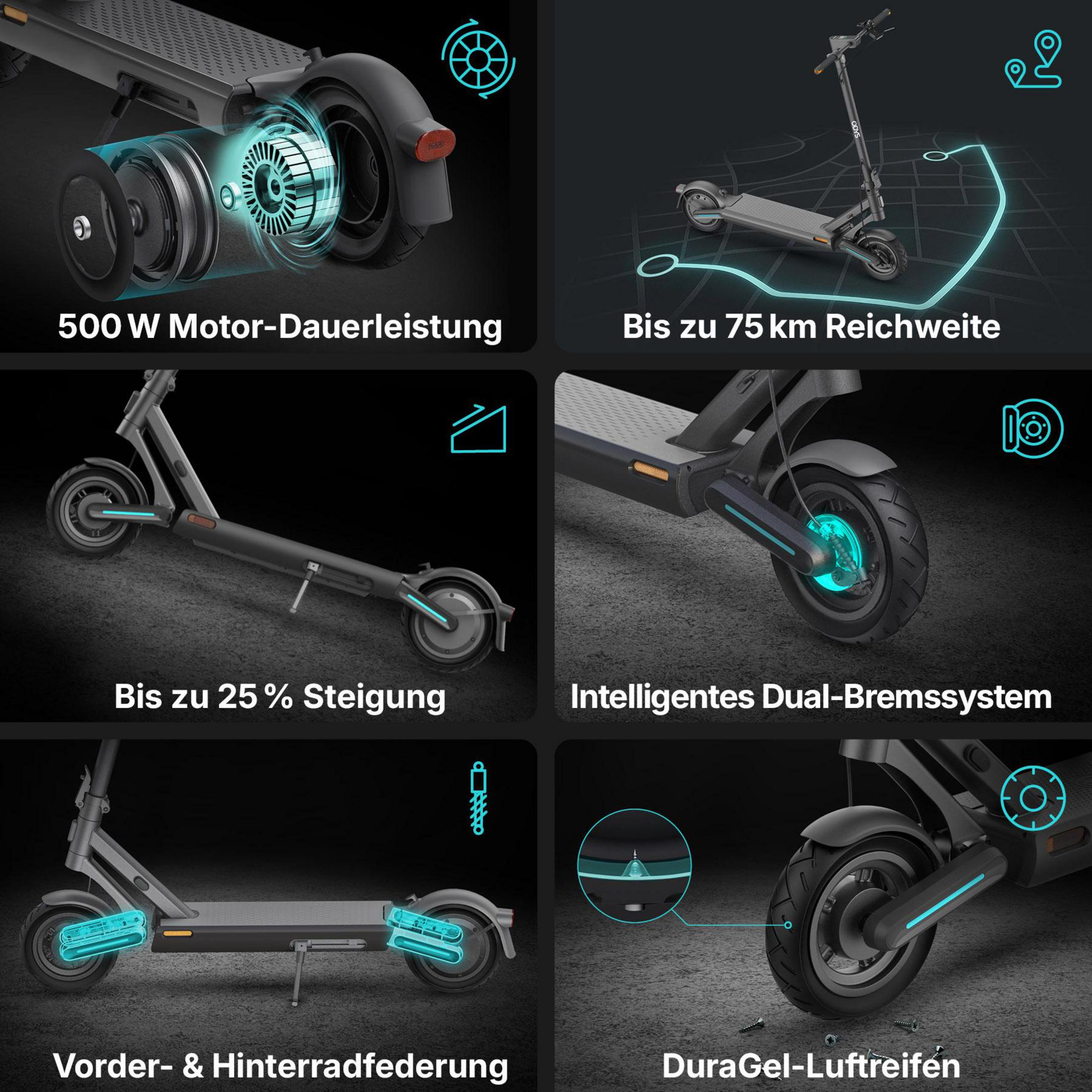 Collage, die Funktionen eines grauen Elektrorollers zeigt, mit Text auf Deutsch.