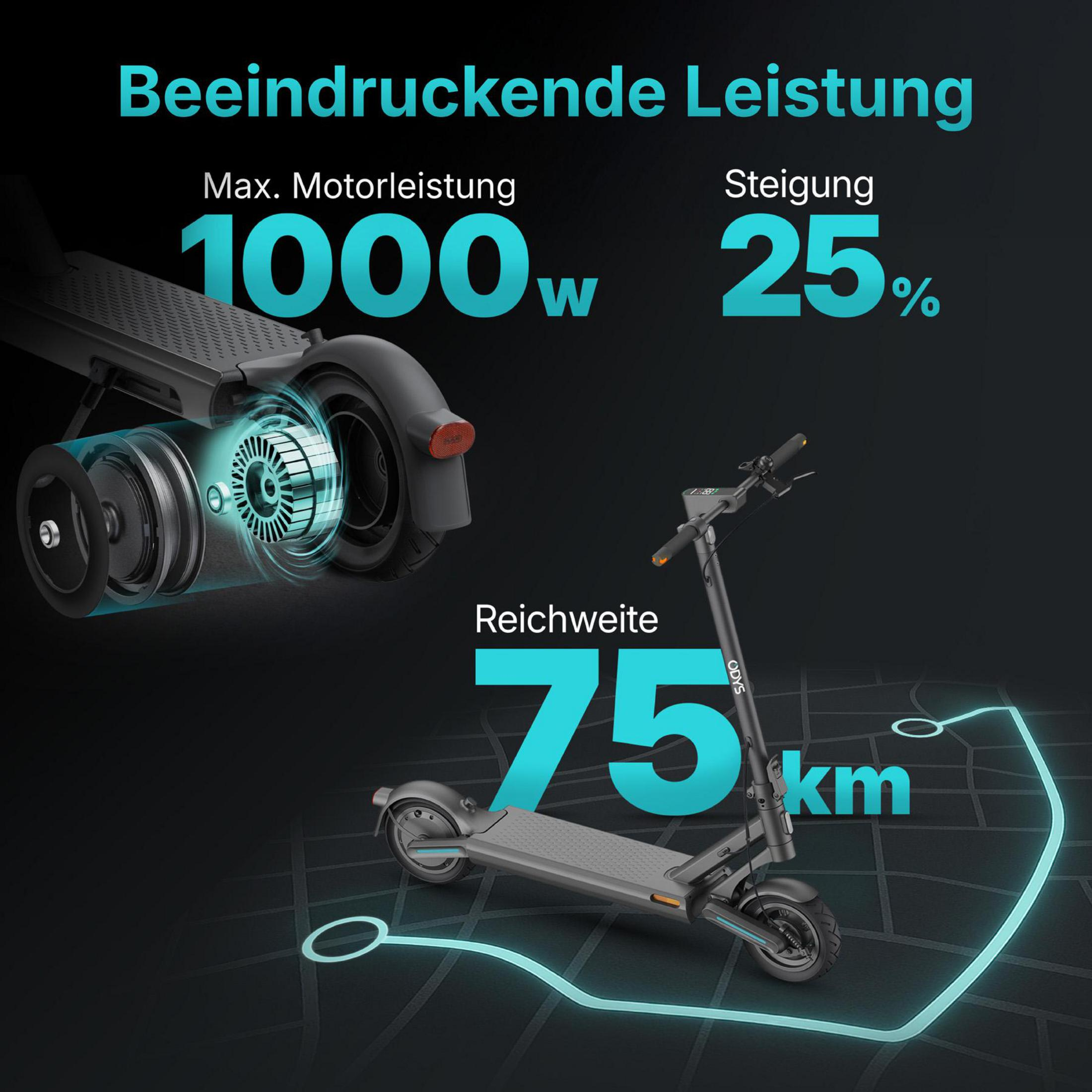 Deutscher Text, der die Motorleistung, Reichweite und Steigfähigkeit eines grauen Elektrorollers beschreibt.