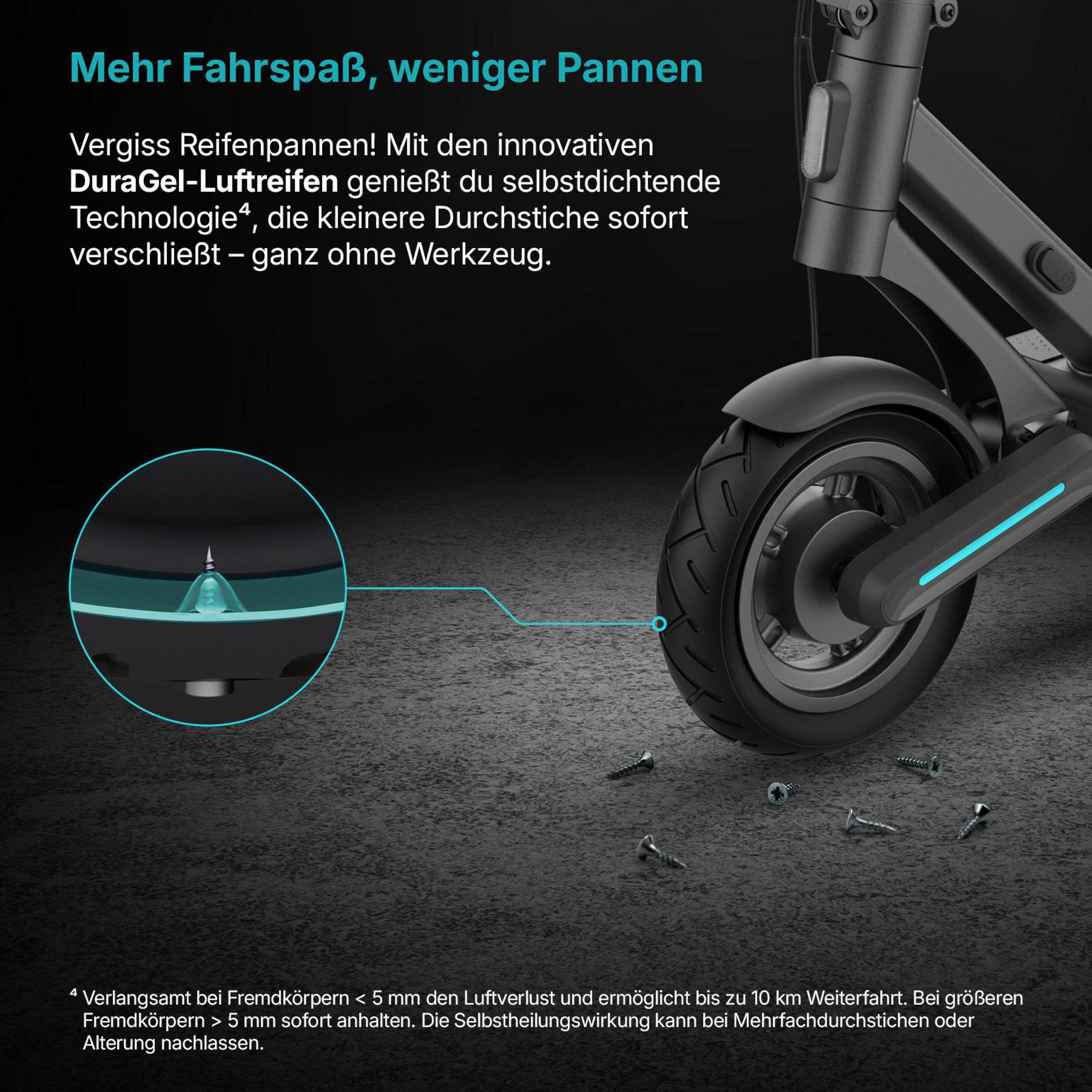Werbung auf Deutsch, die die selbstdichtenden DuraGel-Reifen eines grauen Elektrorollers hervorhebt.