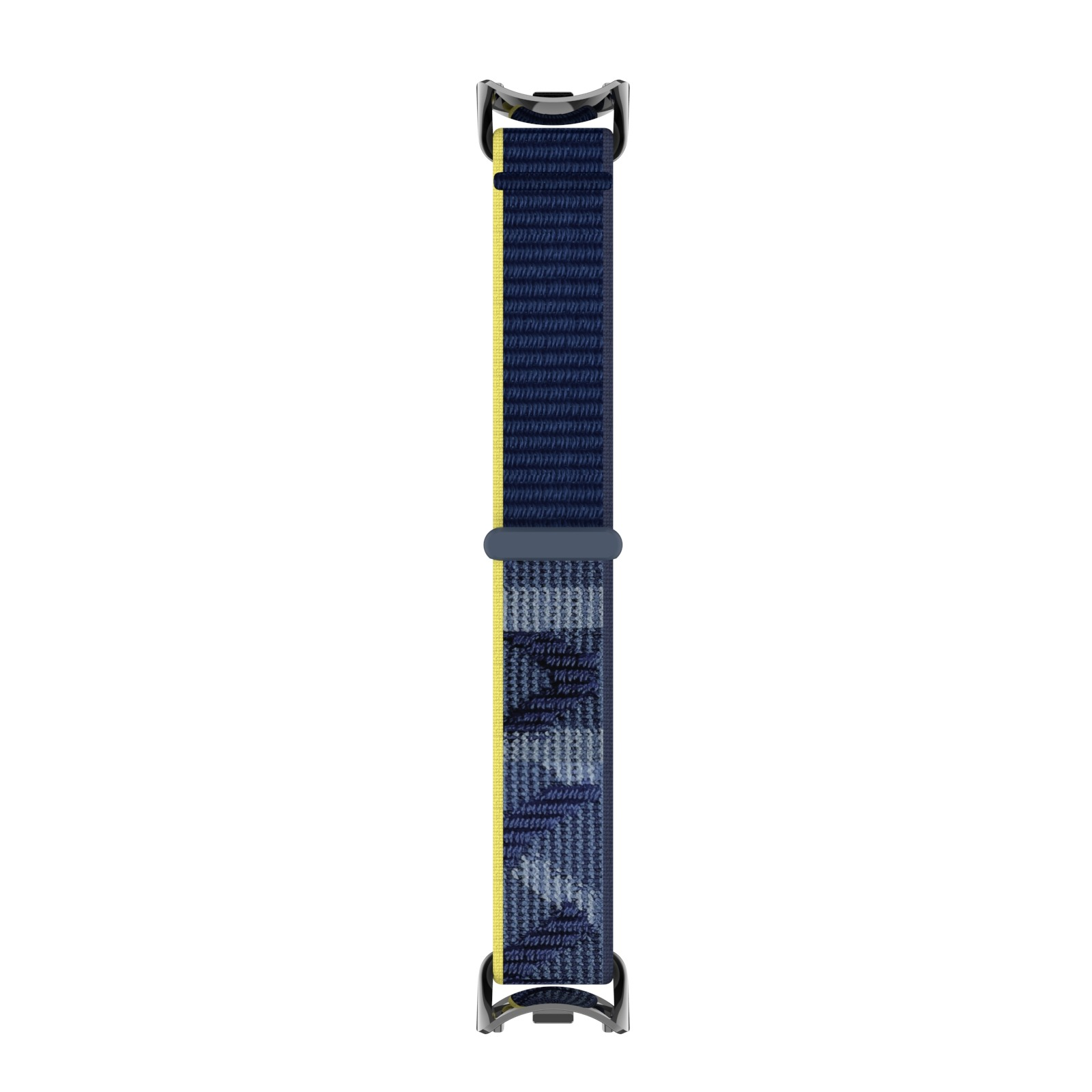 Un cinturino per smartwatch blu fantasia con finiture gialle su sfondo bianco.