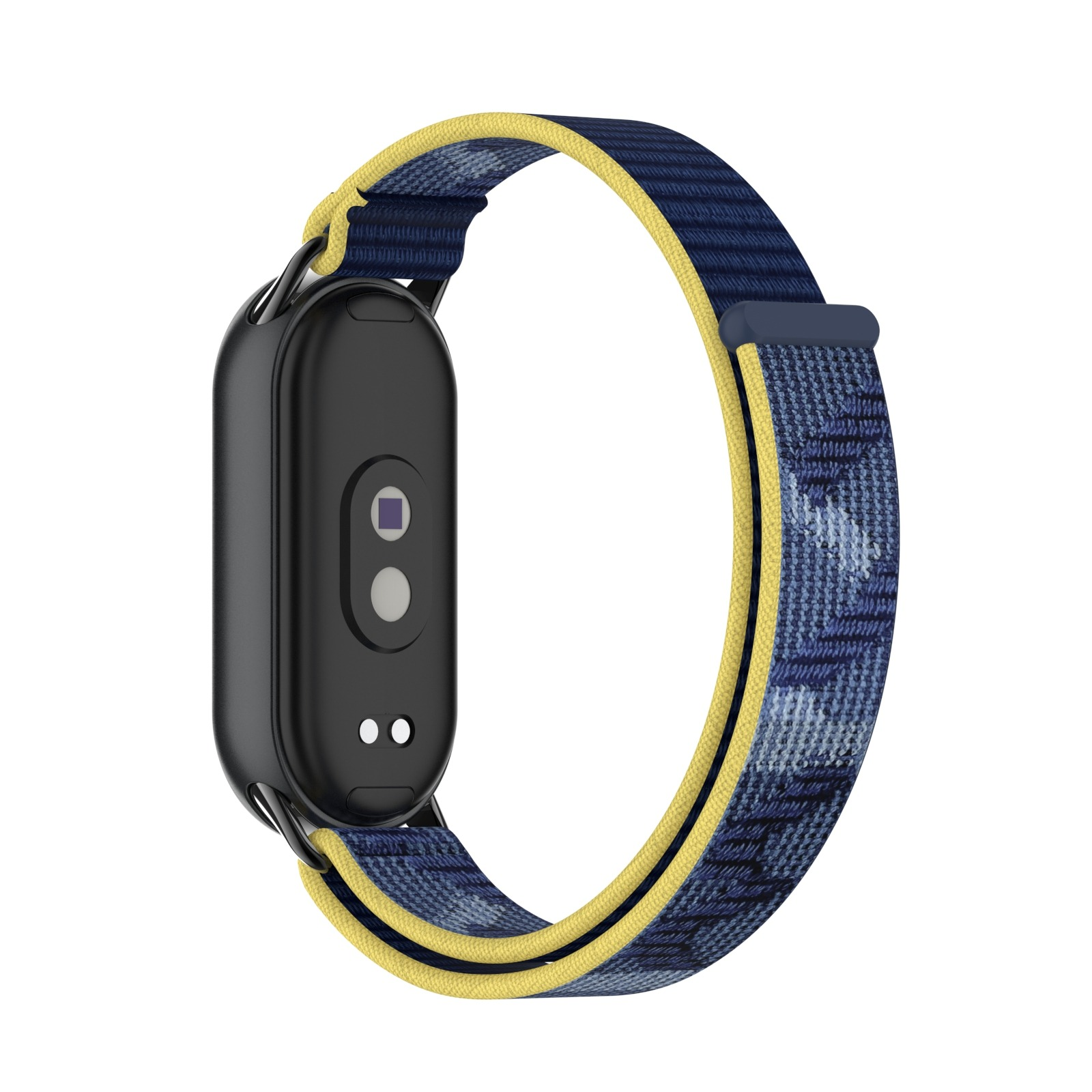 Smartwatch con cinturino blu fantasia e finiture gialle, che mostra il retro del quadrante.