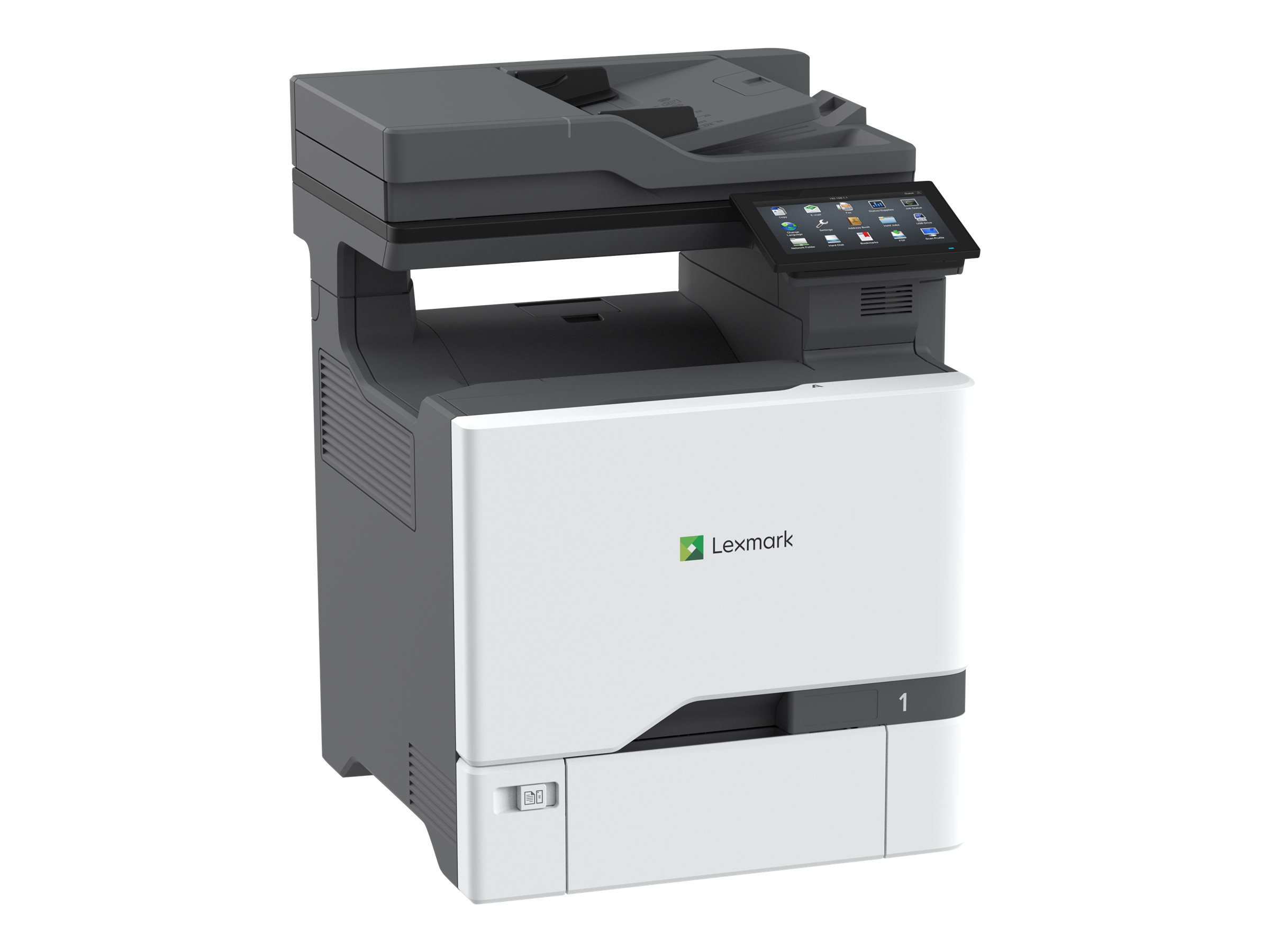 Wielofunkcyjna drukarka Lexmark z ekranem dotykowym, podajnikiem papieru i logo Lexmark.