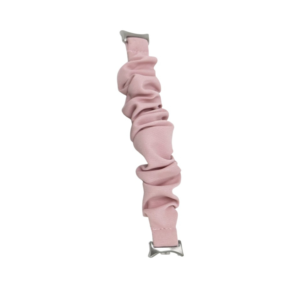 Un cinturino per orologio scrunchie rosa con chiusure argentate, vista angolata.