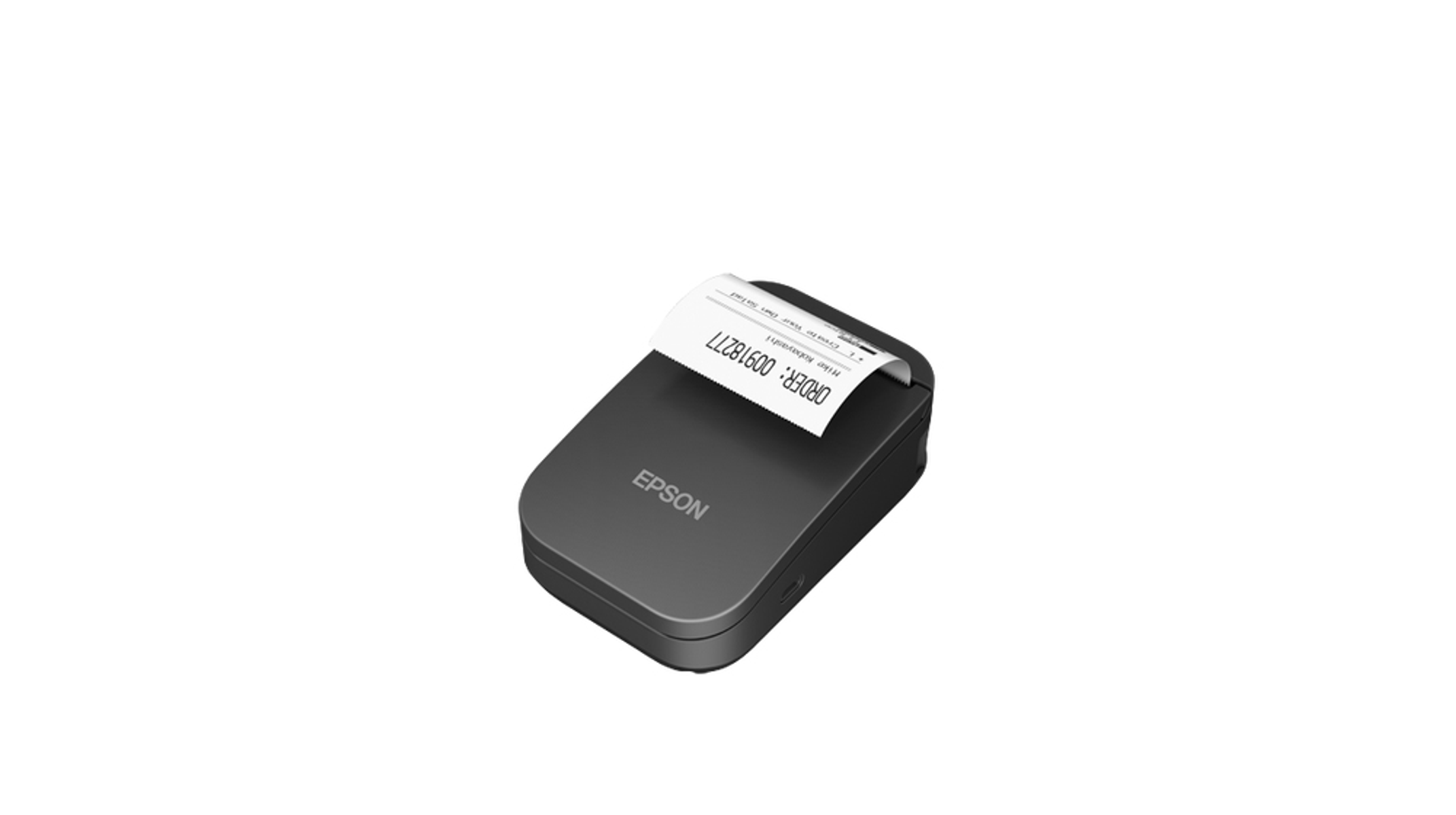 Czarna drukarka Epson pod kątem, pokazująca paragon. Drukarka stoi na białej powierzchni.