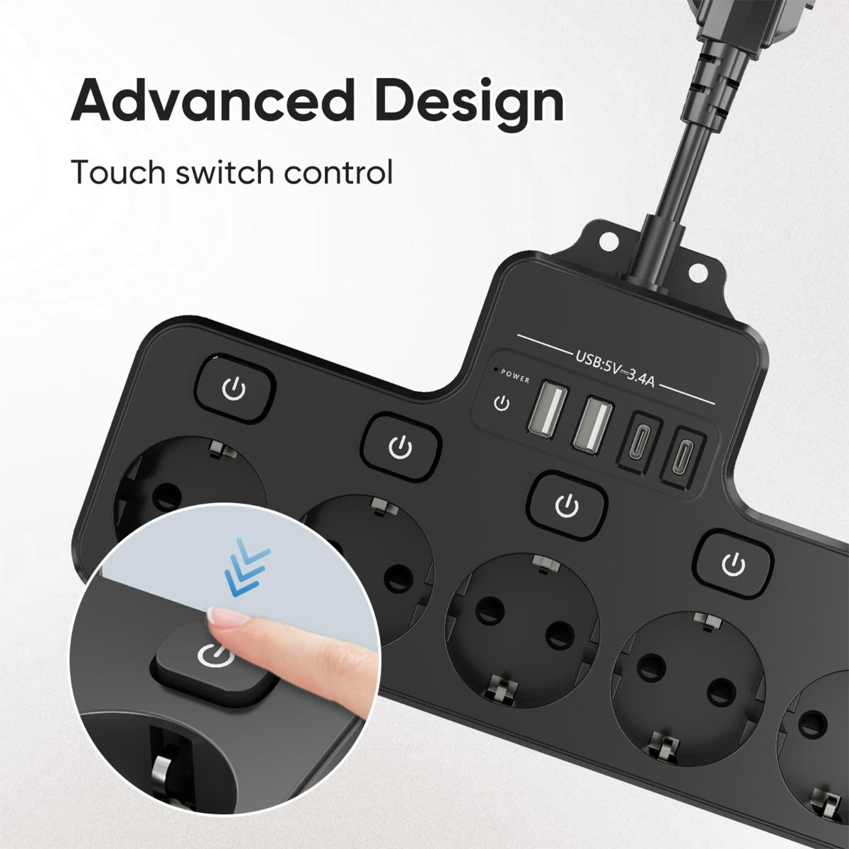 Eine schwarze Steckdosenleiste mit USB-Anschlüssen wird von einem Finger eingeschaltet.