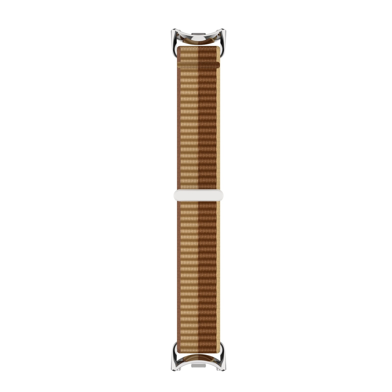 Ein braun und hellbraun gestreiftes Uhrenarmband mit silbernen Befestigungen wird auf einem weißen Hintergrund angezeigt.