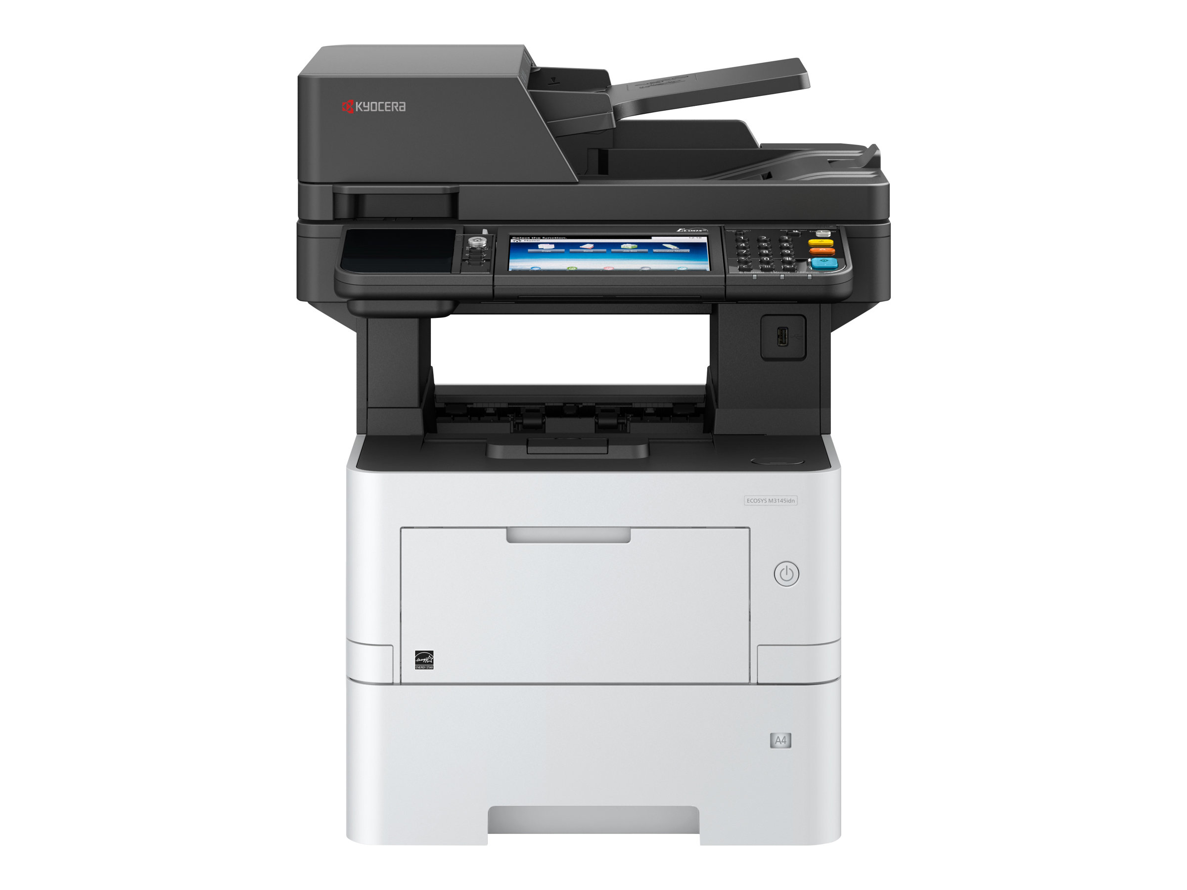 Una stampante multifunzione Kyocera ECOSYS in bianco e nero si trova su uno sfondo bianco.