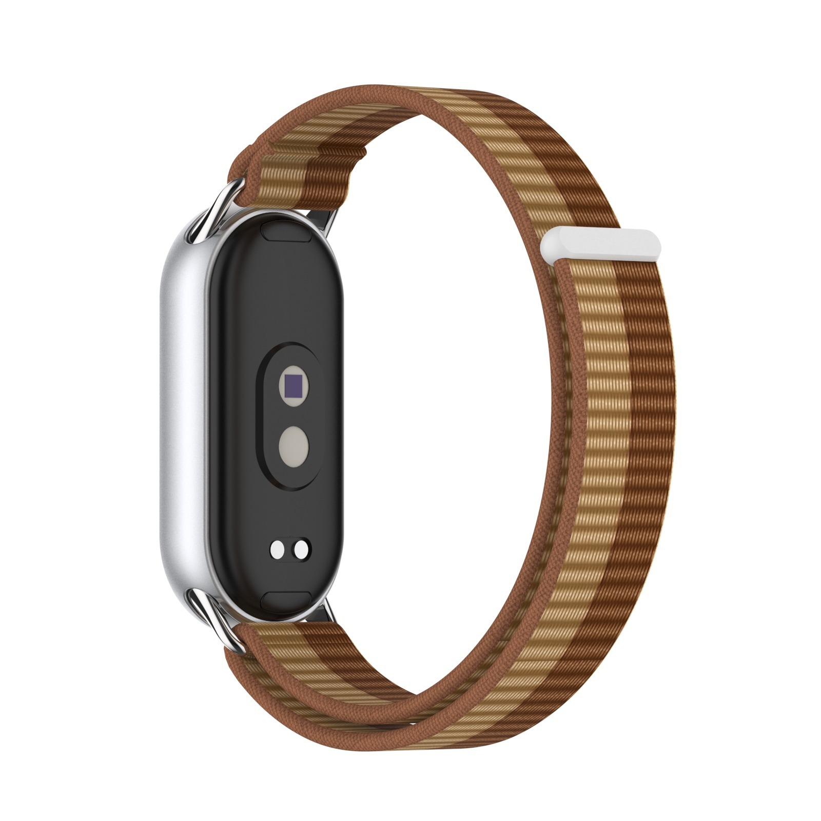 Eine Digitaluhr mit braun gestreiftem Armband zeigt die Rückseite mit Sensordetails.