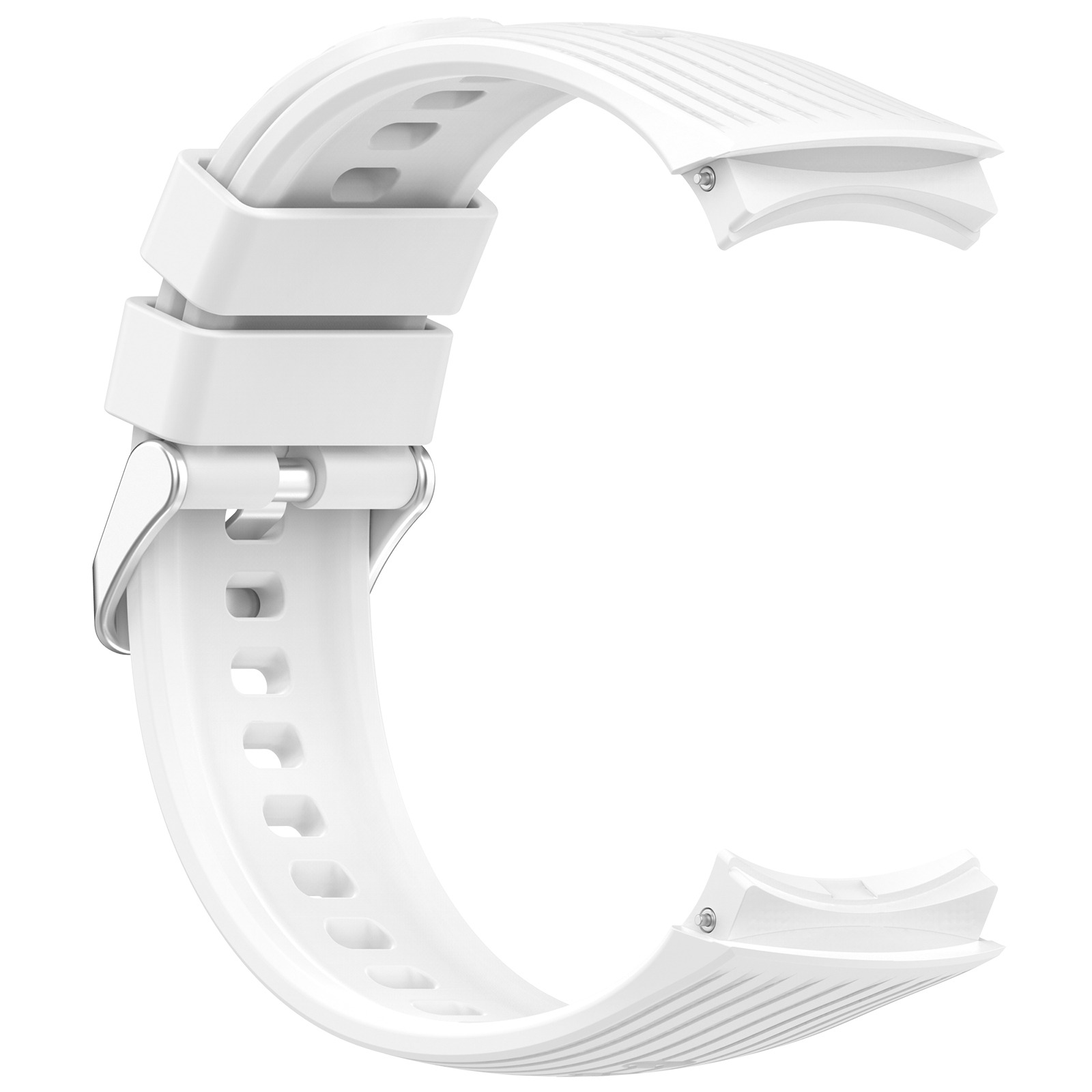 Ein weißes Uhrenarmband, abgenommen, mit Schnalle und geriffelten Details.