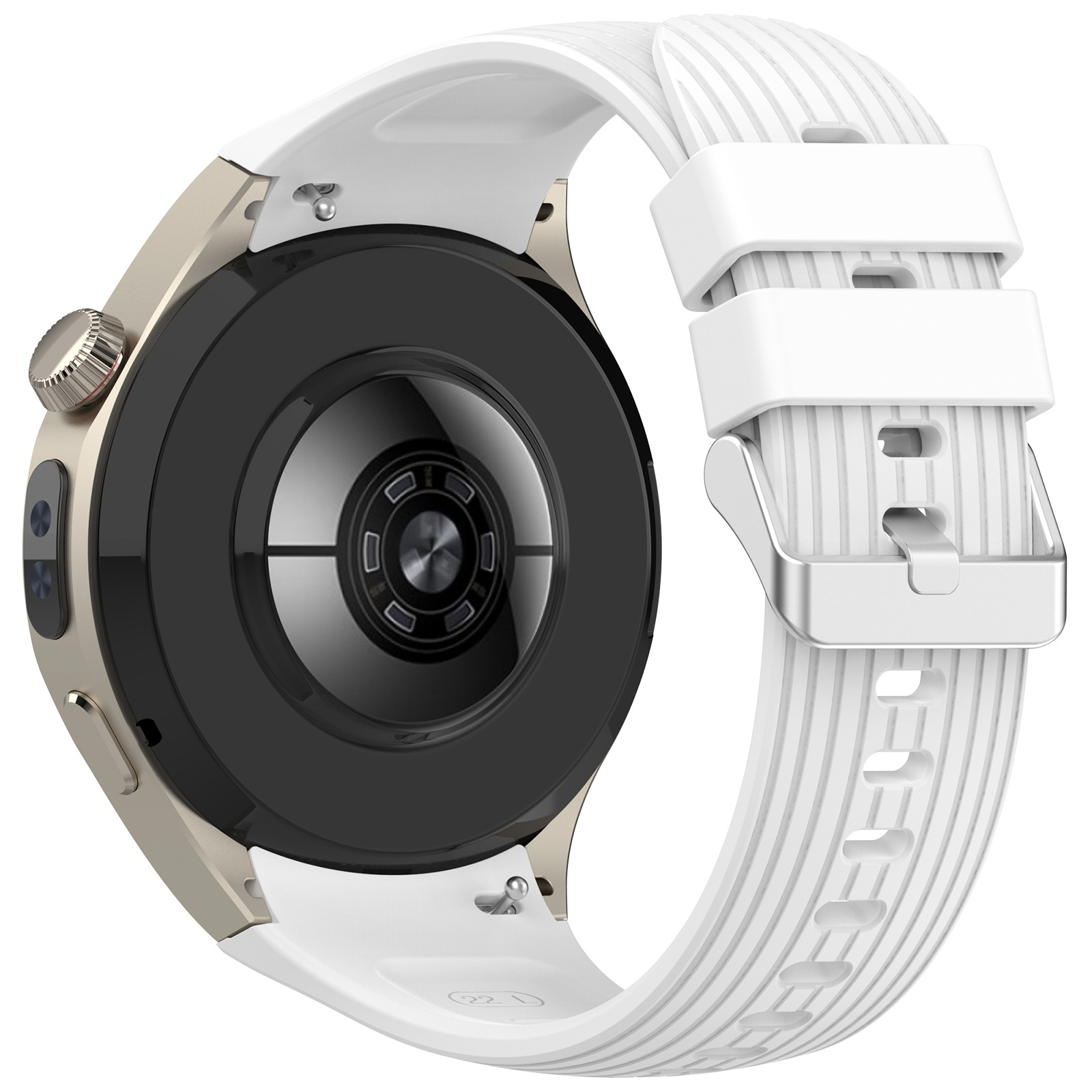 Die Rückseite einer goldenen Smartwatch mit angebrachtem weißen Armband. Die Uhr zeigt Zeit und 97 BPM.