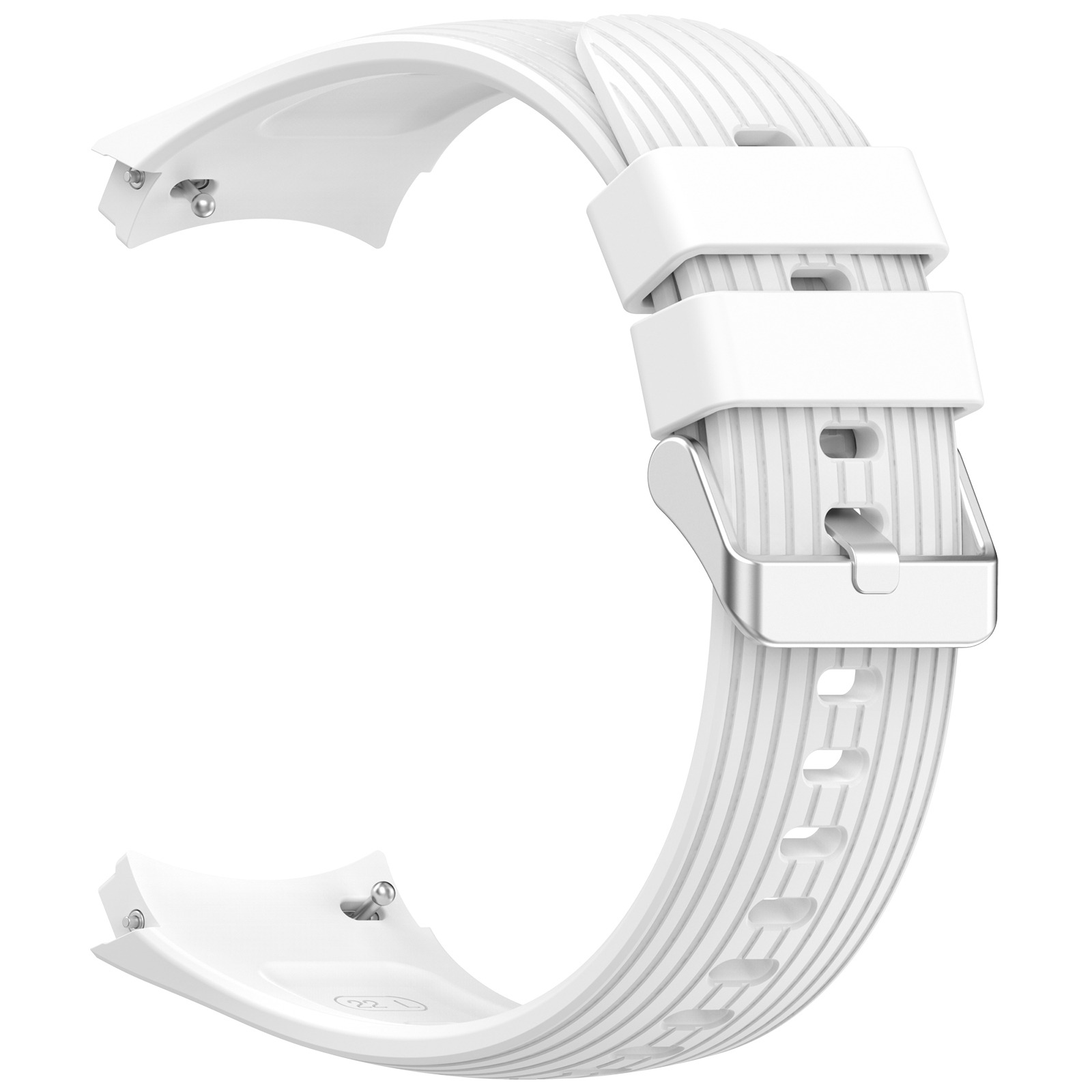 Weißes Uhrenarmband mit Schnalle. Das Armband hat strukturierte Linien.