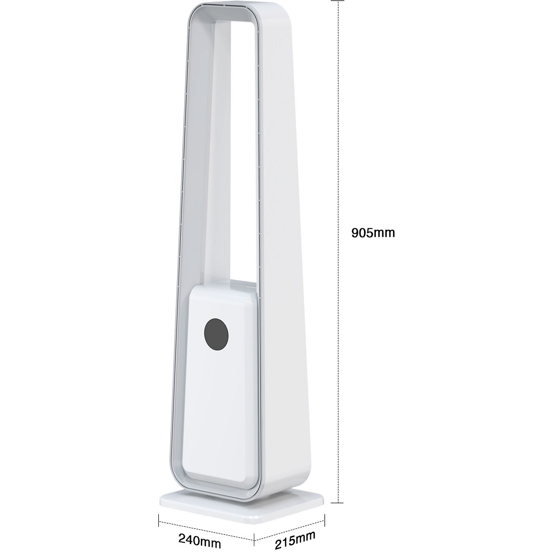 Ein weißer, hoher und schlanker Ventilator mit beschrifteten Abmessungen. Er hat einen schwarzen Knopf.