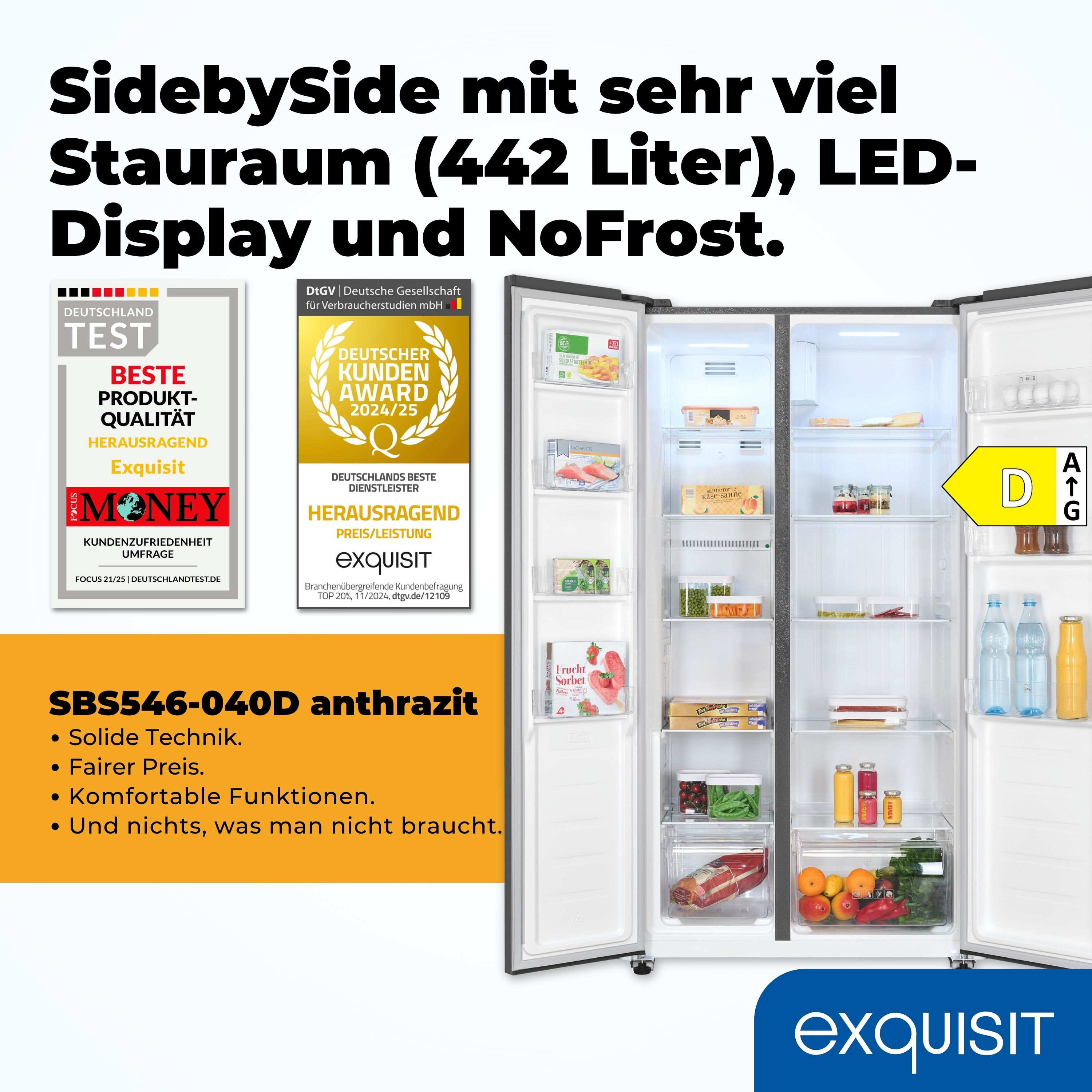 Anthrazitfarbener Side-by-Side-Kühlschrank mit Auszeichnungen und Funktionen: 442L Fassungsvermögen, LED-Display und NoFrost-Technologie.