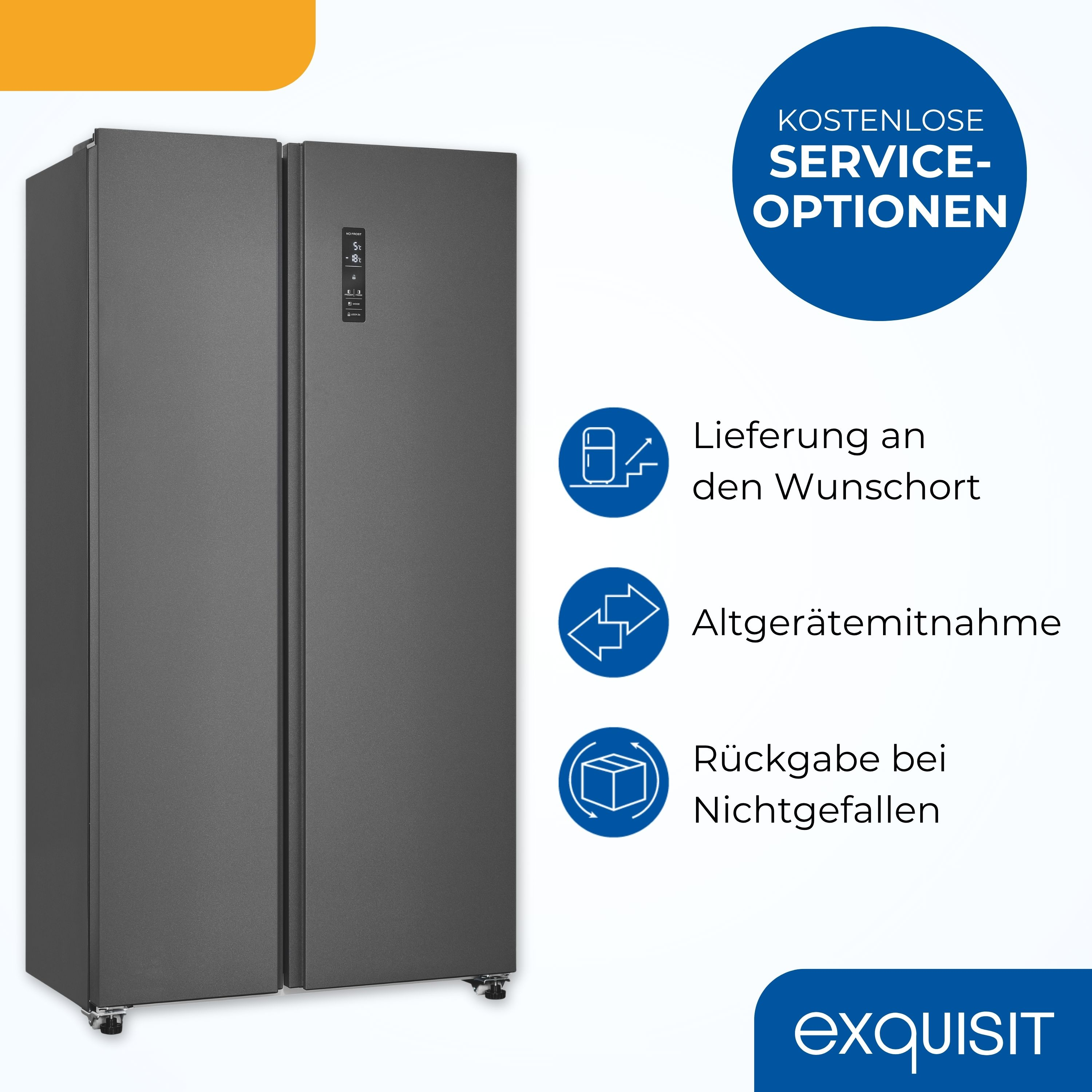 Grauer Side-by-Side-Kühlschrank mit Serviceoptionen: Lieferung zum gewünschten Ort, Altgeräteentsorgung und Rückgabe bei Nichtgefallen.
