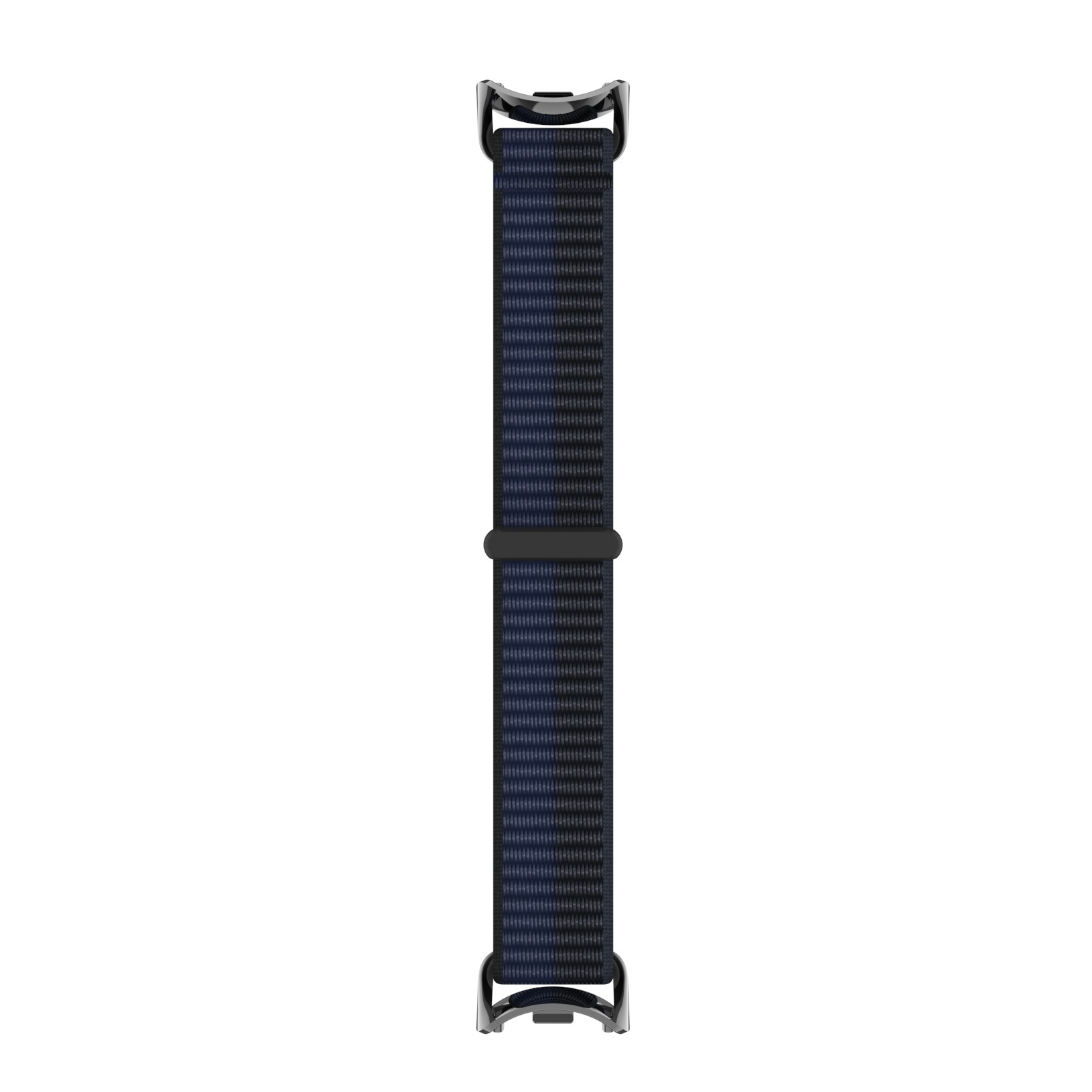 Dunkelblaues Uhrenarmband mit Metallverbindern. Weißer Hintergrund.